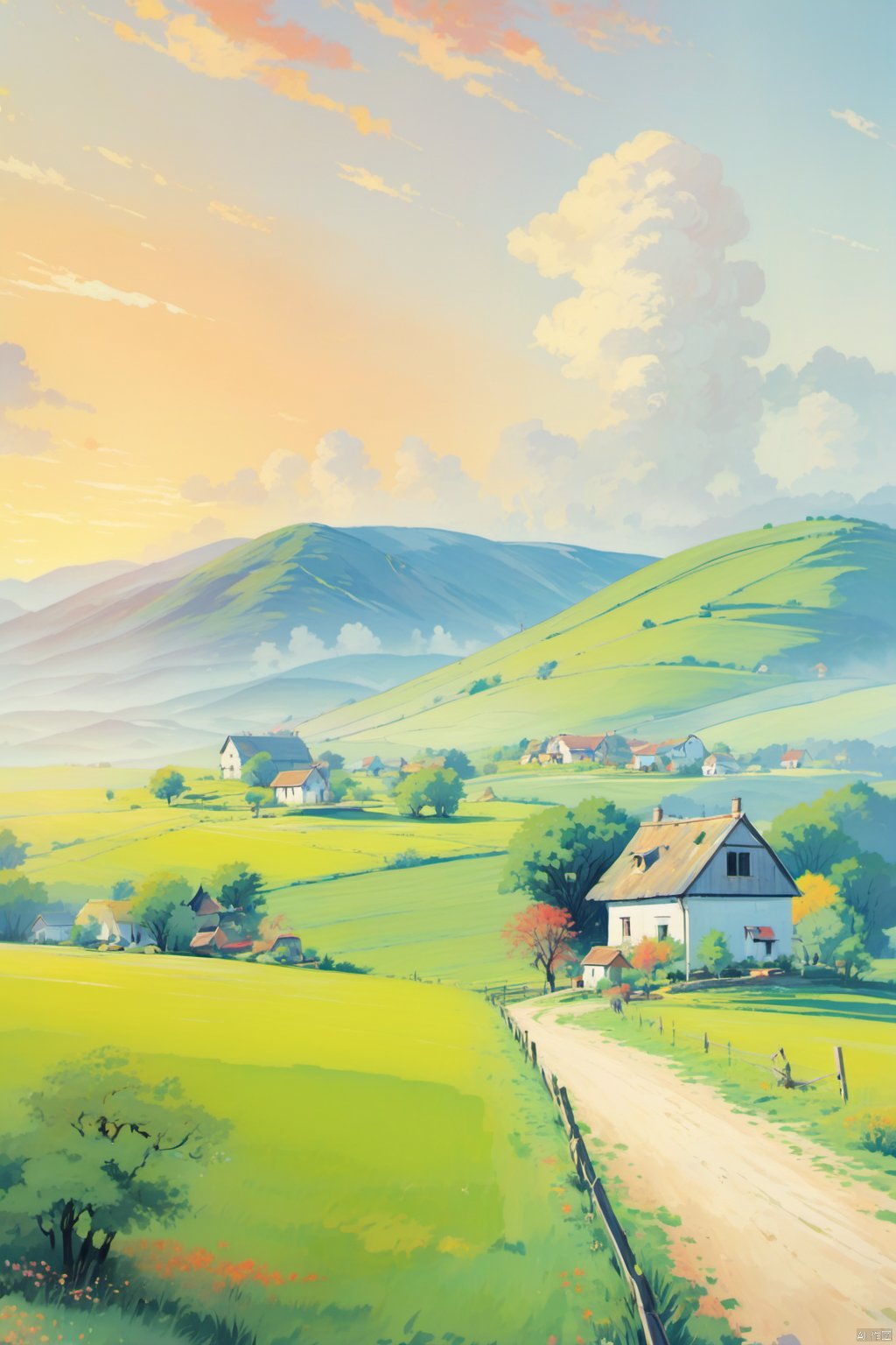 乡村, An idyllic countryside vista with undulating hills and quaint farmhouses,  in the style of poster art,  hyper-detailed,  richly colored skies,  colorful,  Oil painting,  cozy animation scenes, illustration,<lora:EMS-261620-EMS:1.000000>