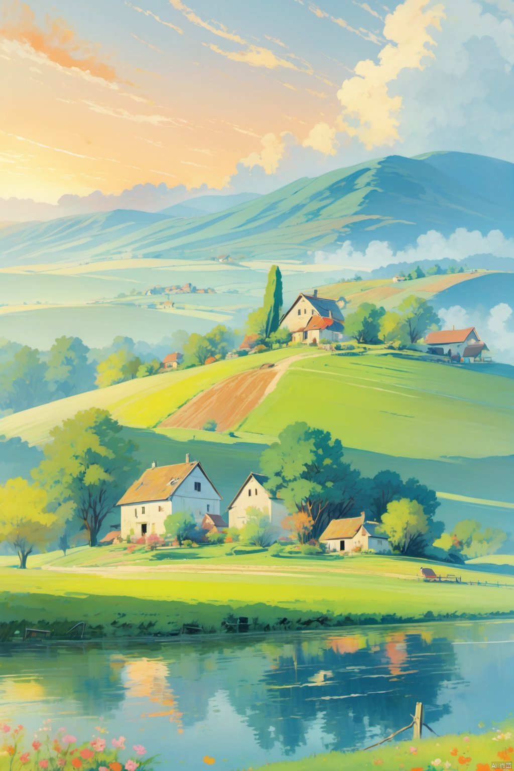 乡村, The idyllic rural scenery,  undulating hills and quaint farmhouses,  poster art style,  ultra detailed,  colorful sky,  flowers,  water,  oil paintings,  comfortable animated scenes,  illustrations,<lora:EMS-261620-EMS:1.000000>