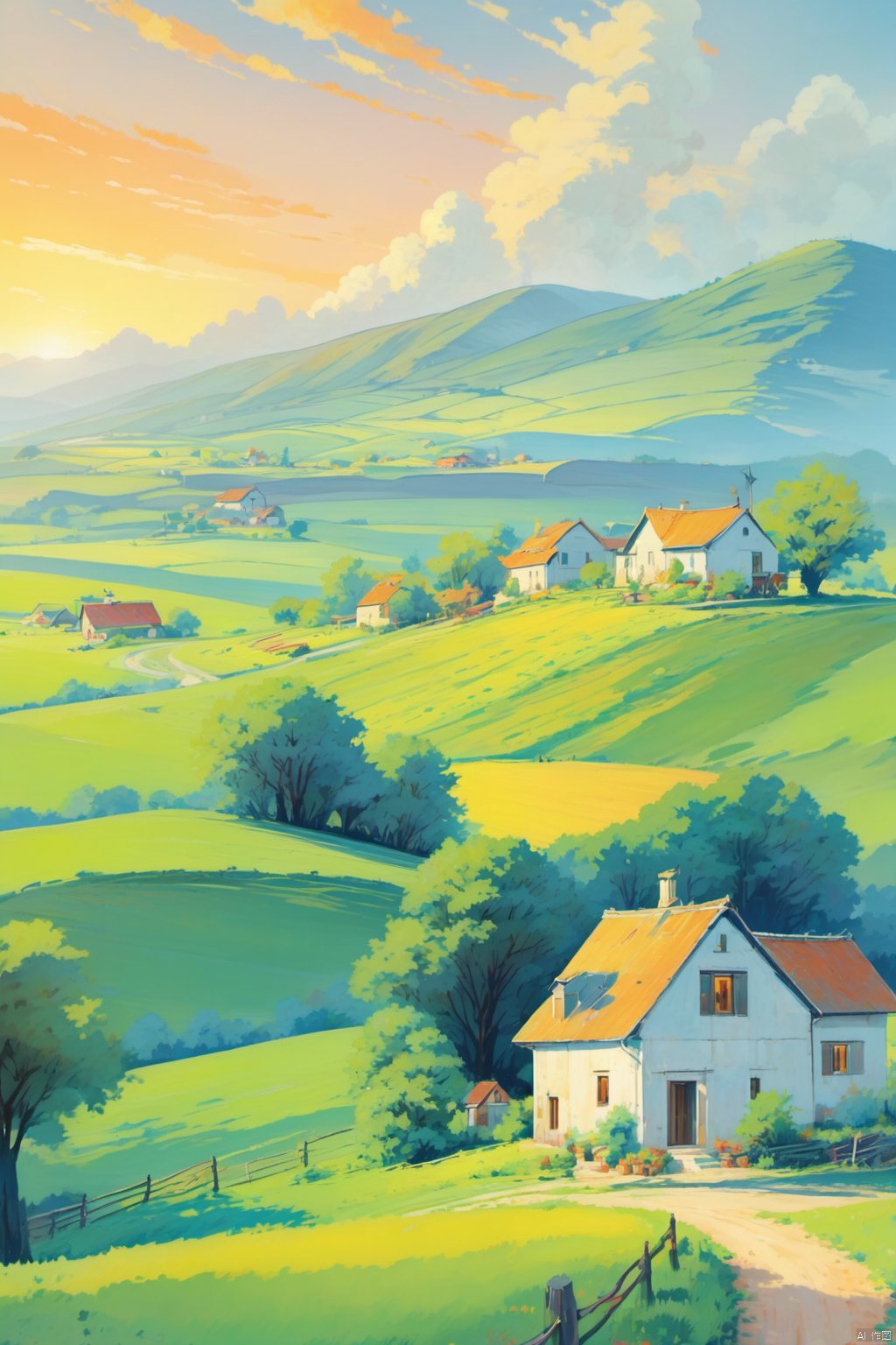 乡村, An idyllic countryside vista with undulating hills and quaint farmhouses,  in the style of poster art,  hyper-detailed,  richly colored skies,  colorful,  Oil painting,  cozy animation scenes, illustration,<lora:EMS-261620-EMS:1.000000>