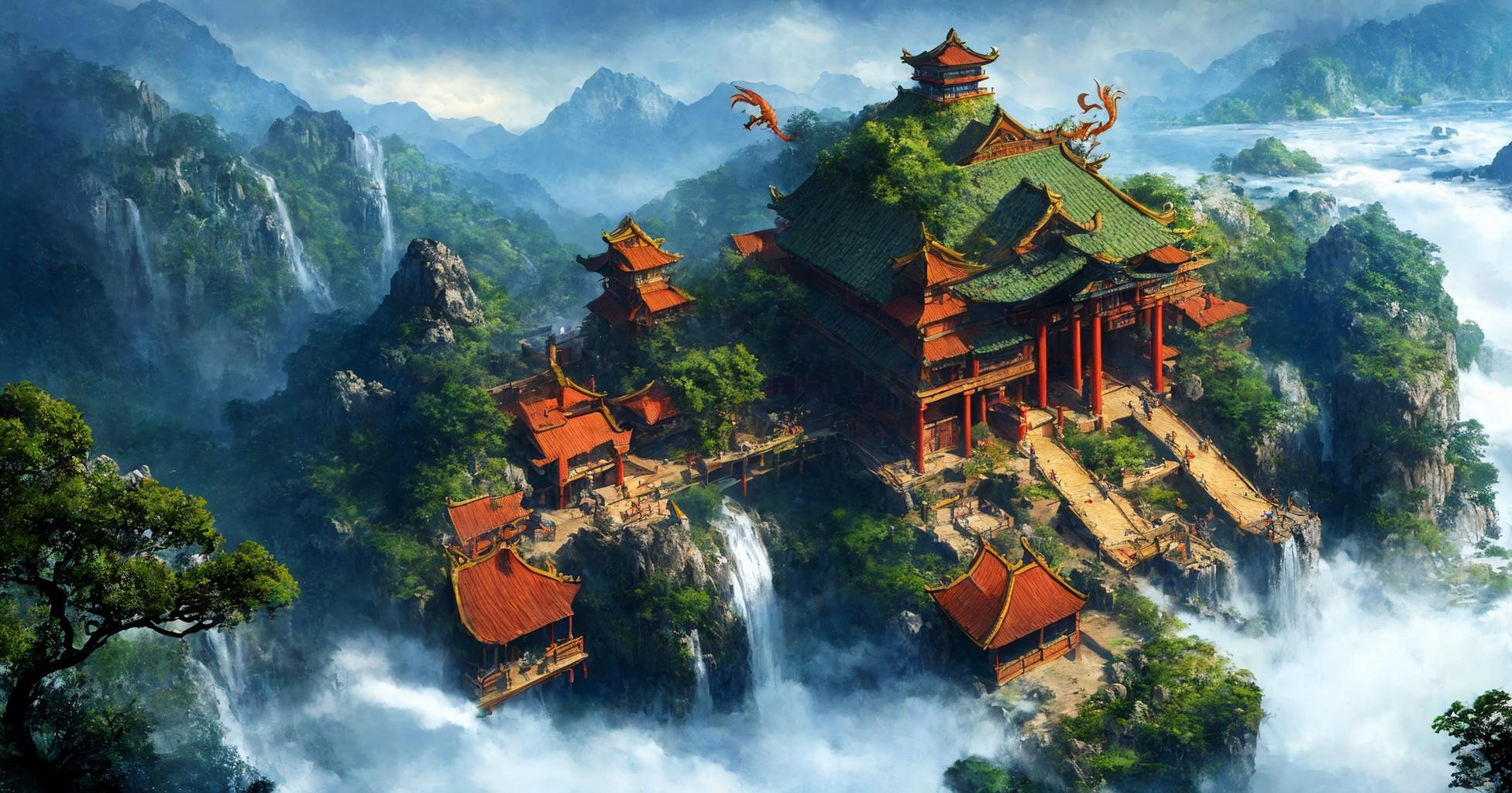 (masterpiece:1.2),best quality,high resolution,unity 8k wallpaper,(illustration:1),scenery,fog, scenery, architecture, east asian architecture, water, no humans, tree, waterfall, bridge, outdoors, dragon, glowing, mountain, giant