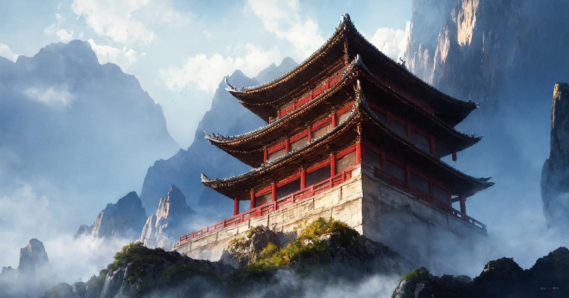 (masterpiece:1.2),best quality,high resolution,unity 8k wallpaper,(illustration:1),scenery,architecture, east asian architecture, no humans, scenery, outdoors, mountain, cloud, sky, fog, bird, building, pagoda