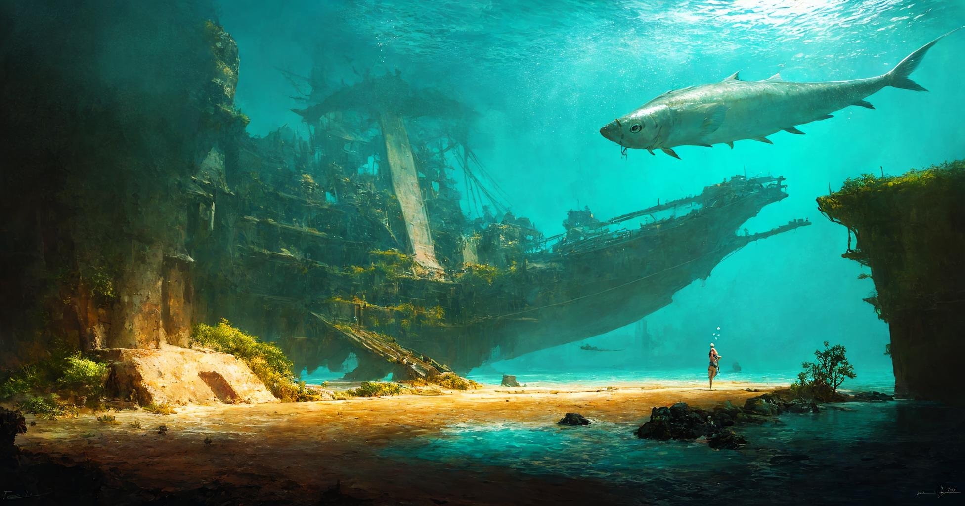 (masterpiece:1.2),best quality,high resolution,unity 8k wallpaper,(illustration:1),scenery,underwater, fish, ruins, science fiction, 1girl, very wide shot, signature, ship, watercraft, solo, air bubble