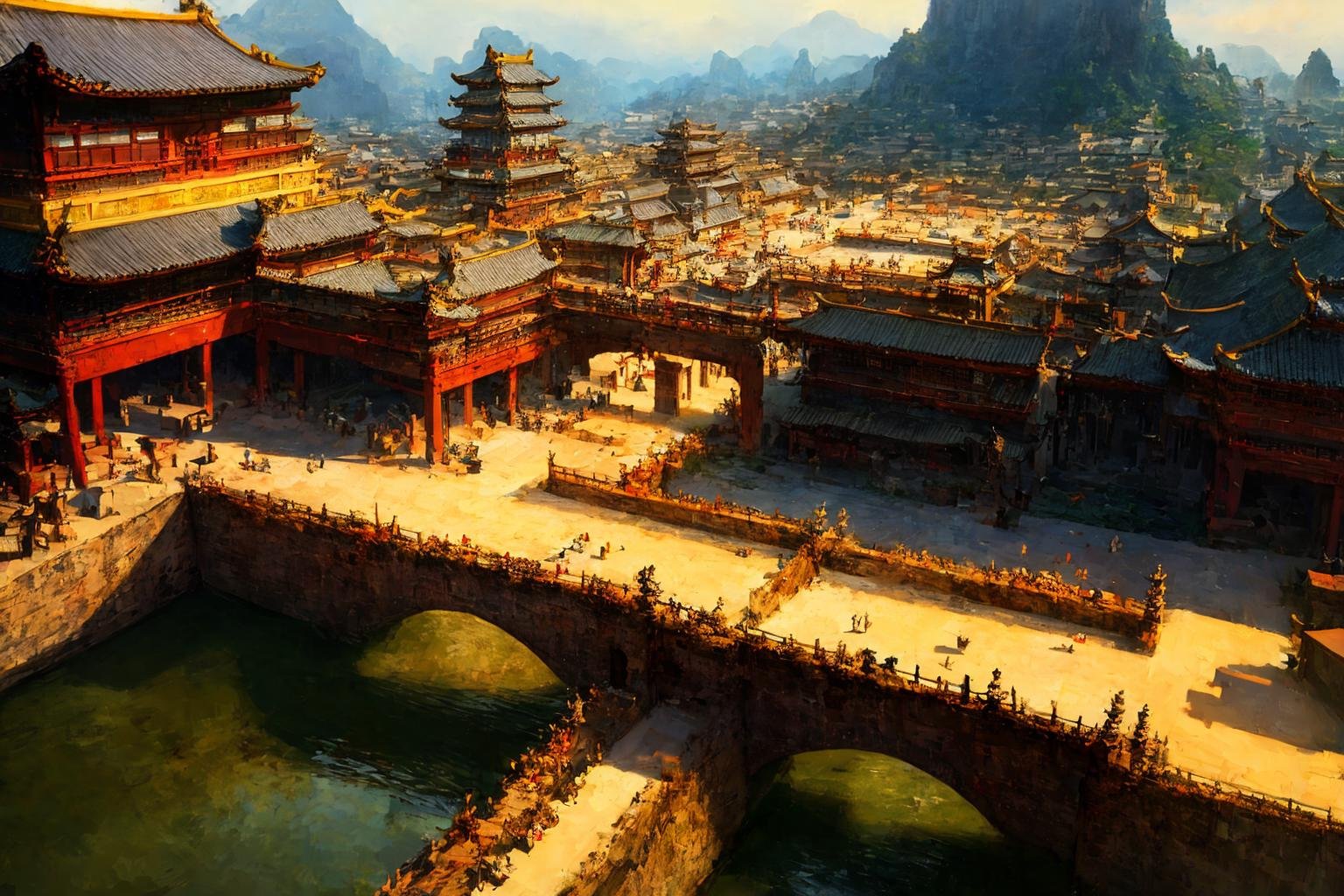 (masterpiece:1.2),best quality,high resolution,unity 8k wallpaper,(illustration:1),scenery，east asian architecture, building, bridge, no humans,city,architecture,