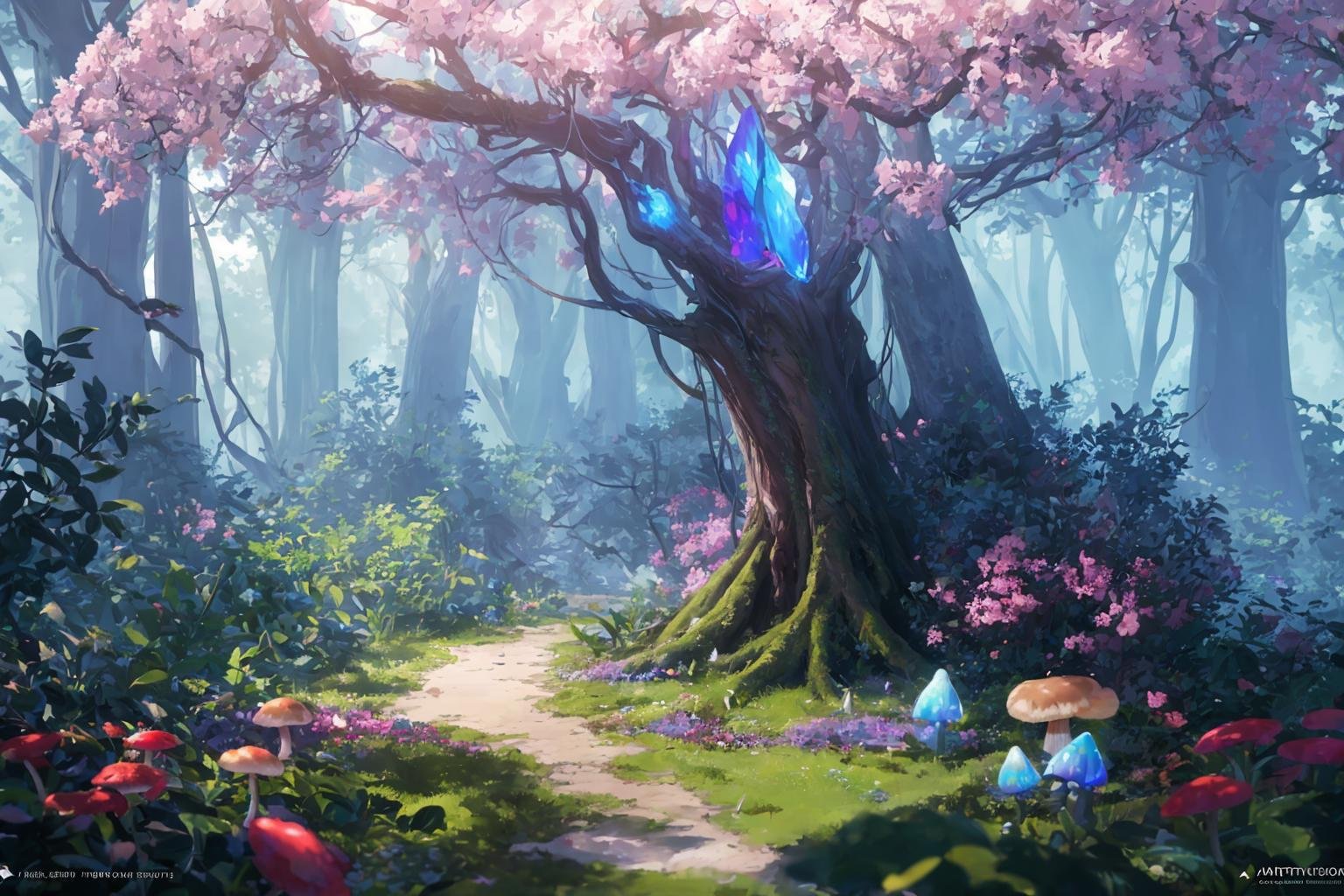 masterpiece, best quality, high quality,extremely detailed CG unity 8k wallpaper, An enchanting and dreamy scene of a fantasy forest, with towering trees, glowing mushrooms, and hidden fairy glens, creating a sense of mystique and enchantment, artstation, digital illustration, intricate, trending, pastel colors, oil paiting, award winning photography, Bokeh, Depth of Field, HDR, bloom, Chromatic Aberration ,Photorealistic,extremely detailed, trending on artstation, trending on CGsociety, Intricate, High Detail, dramatic, art by midjourney,no humans,