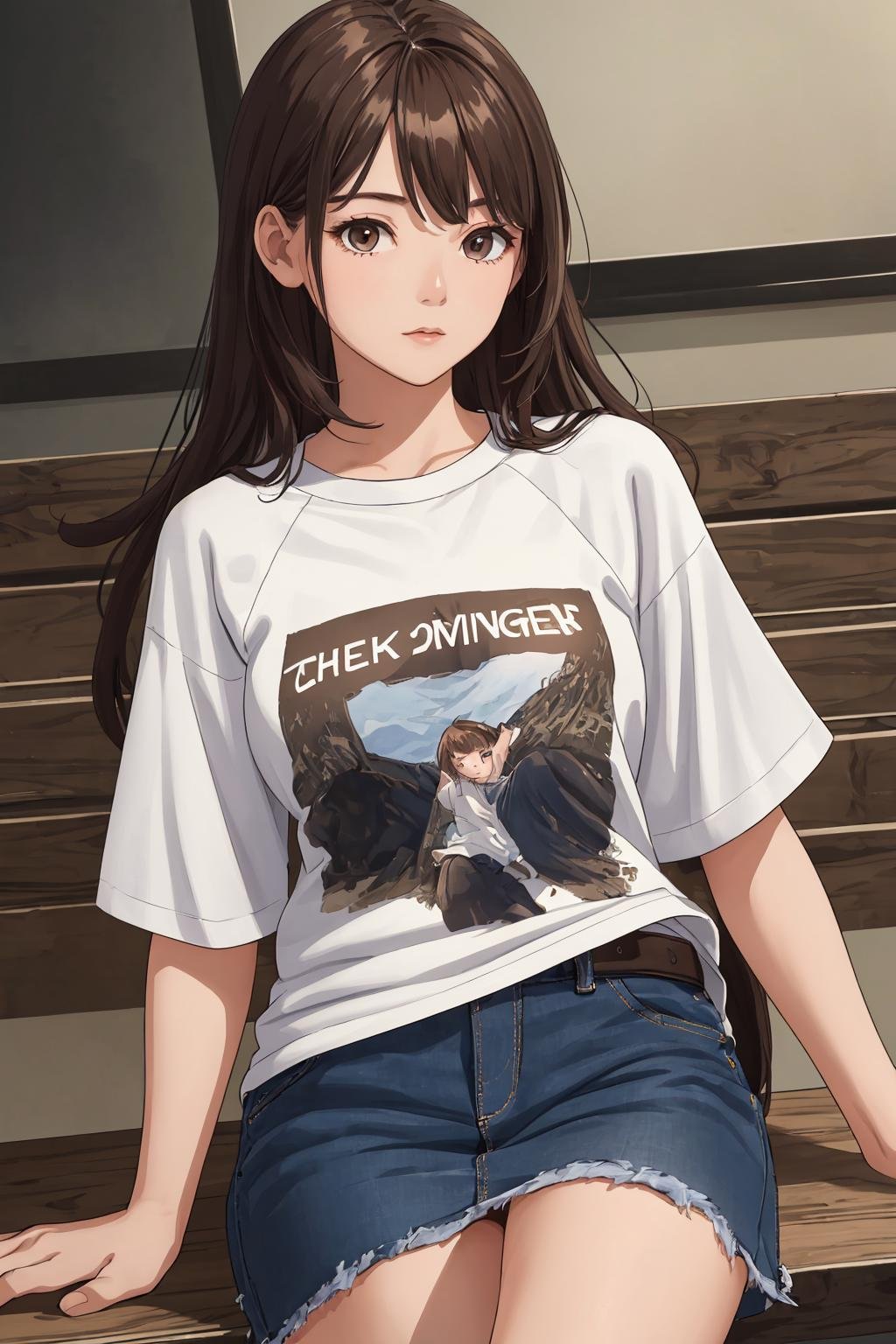 masterpiece, best quality, high quality,extremely detailed CG unity 8k wallpaper, 1girl, solo, denim, shirt, skirt, denim skirt, long hair, sitting, head out of frame, short sleeves, raglan sleeves, print shirt, black hair, t-shirt, clothes writing, indoors, brown hair, white shirt, english text