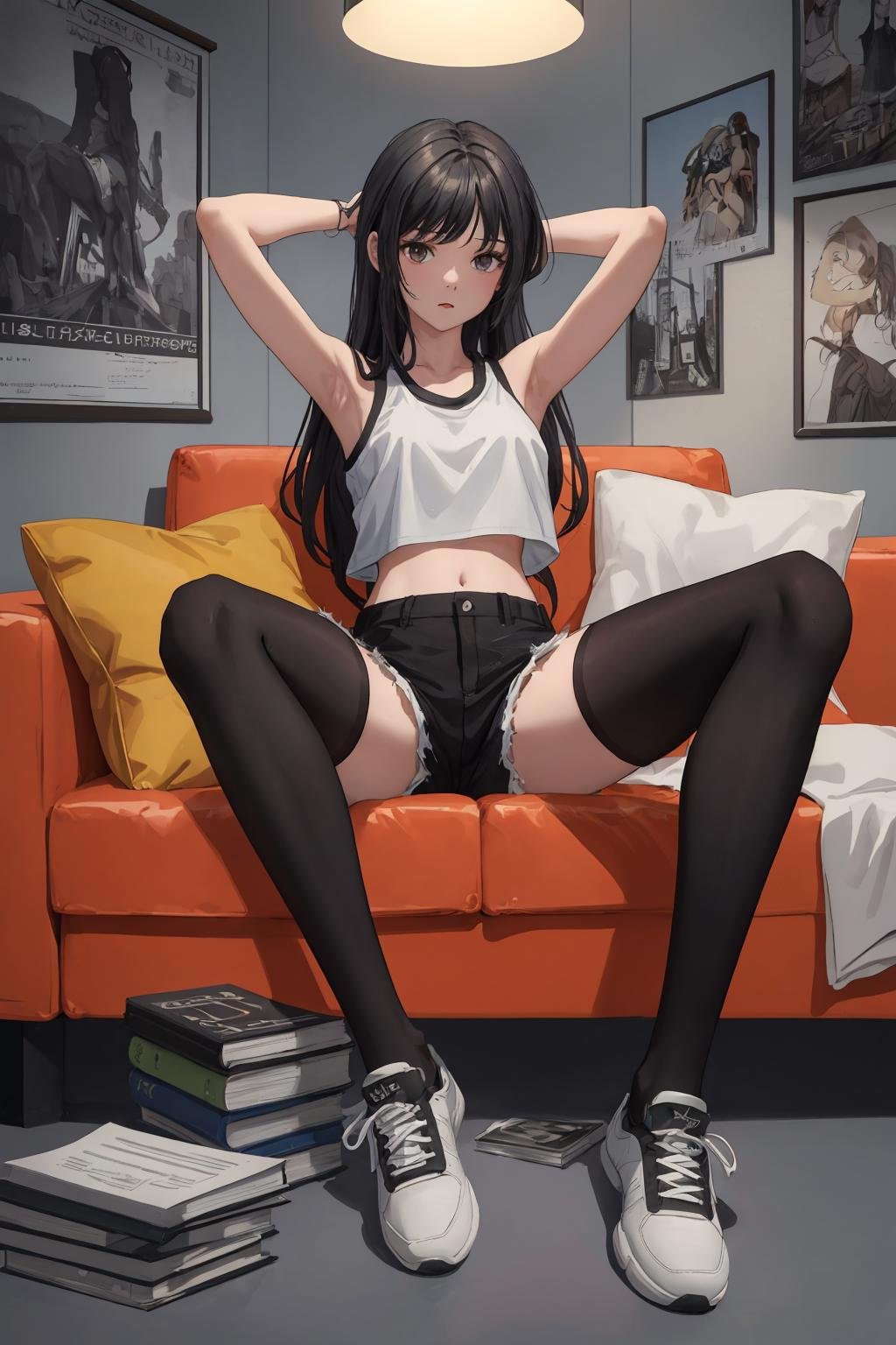 (masterpiece:1.2),best quality,high resolution,unity 8k wallpaper,(illustration:1),perfect lighting,1girl, solo, shoes, sneakers, couch, shorts, black hair, midriff, long hair, crop top, indoors, poster \(object\), black shorts, sitting, legs, hand on own head, pantyhose, short shorts, pillow, sleeveless, shirt, book, bare shoulders<lora:more_details:0.2>,