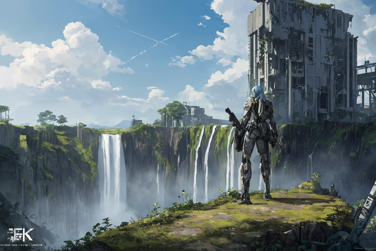 (masterpiece:1.2), best quality, high resolution, unity 8k wallpaper, (illustration:1.0),robot, weapon, gun, ruins, overgrown, scenery, science fiction, tree, mecha, outdoors, water, waterfall, building, no humans, holding gun, day, holding, moss, holding weapon, sky, solo, cloud, post-apocalypse