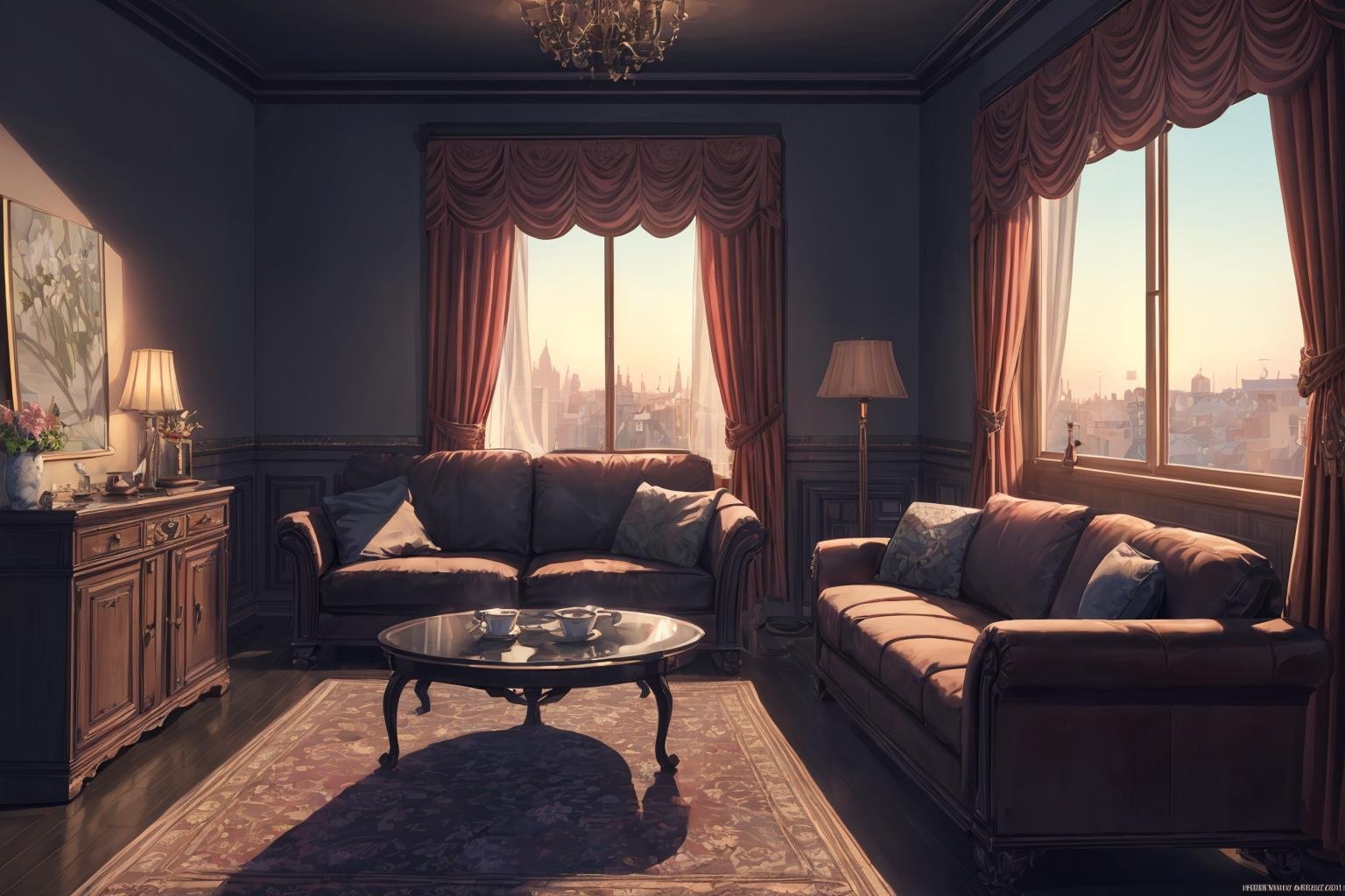 (masterpiece:1.2),best quality,high resolution,unity 8k wallpaper,(illustration:1),perfect lighting,scenery,<lora:more_details:0.5>,a living room,sofa,tea table,television,carpet,window,dusk,curtain,wind,