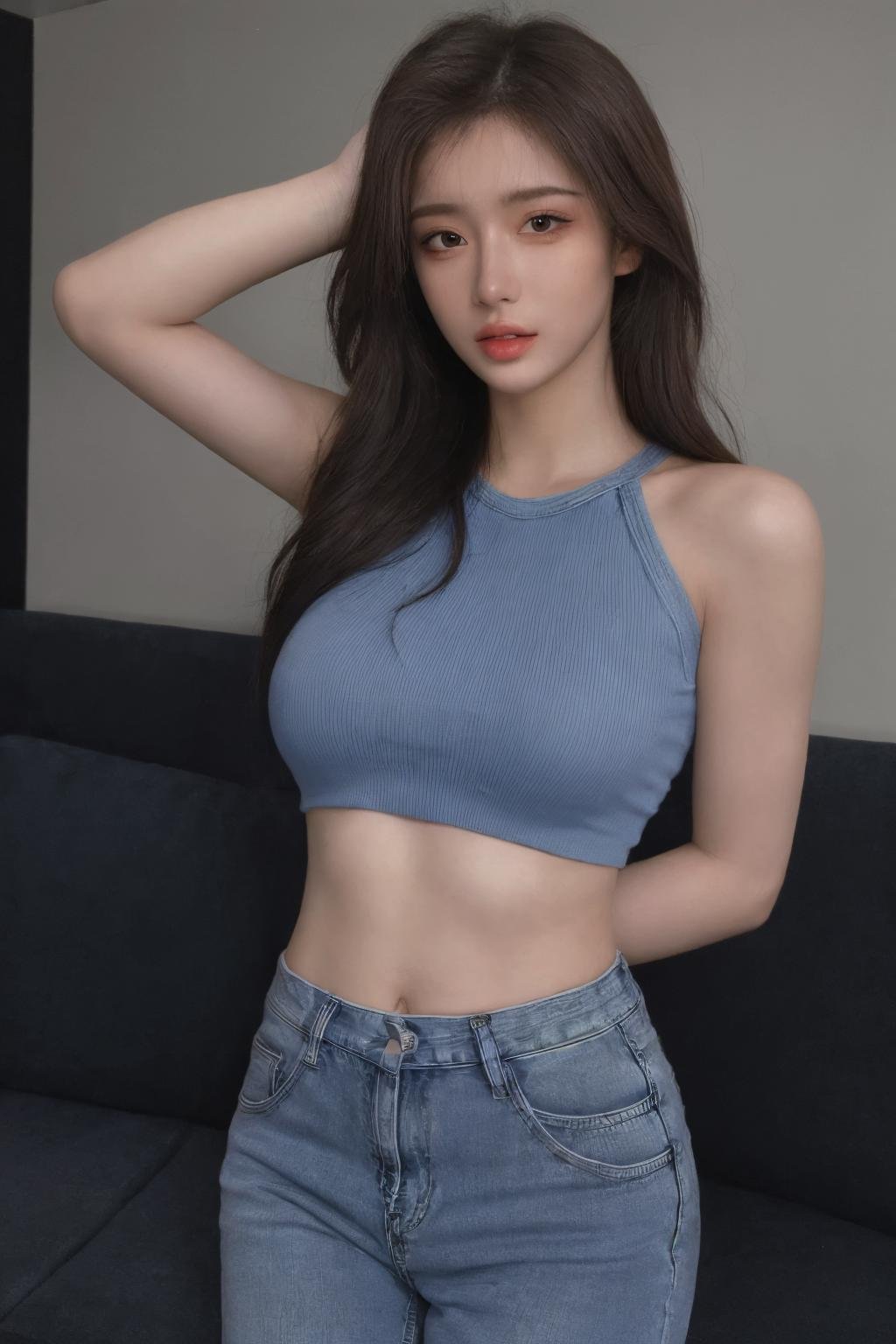 (masterpiece:1.2),best quality,high resolution,unity 8k wallpaper,(illustration:1),beautiful detailed eyes:,extremely detailed face,perfect lighting,photo_\(medium\),photorealistic,realistic,1girl, solo, denim, pants, navel, jeans, midriff, looking at viewer, arm behind back, brown hair, long hair, brown eyes, bare shoulders, black hair, crop top,parted lips, makeup, lips, blue pants, breasts,<lora:hongshufeng_v3:0.25>