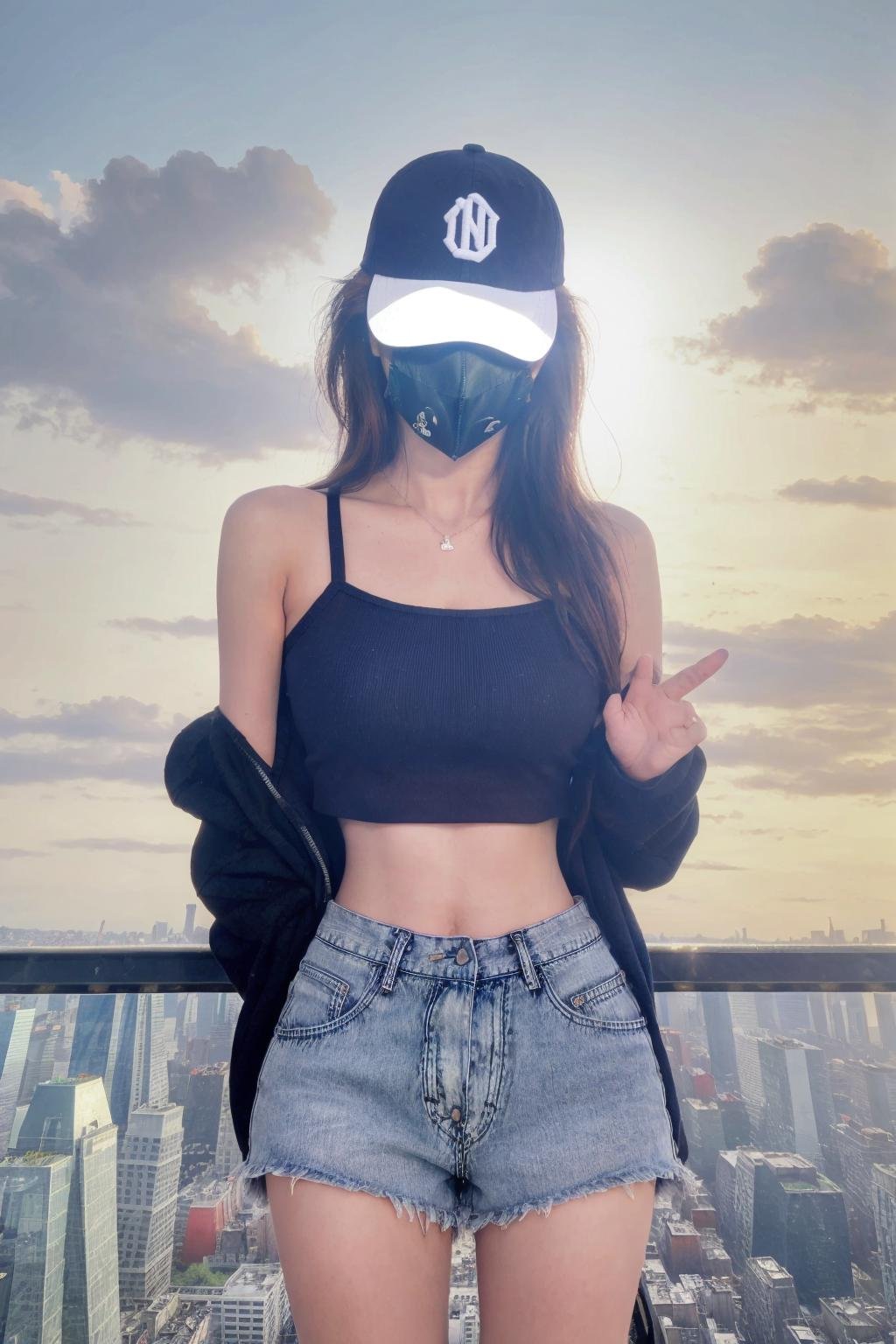 (masterpiece:1.2),best quality,high resolution,unity 8k wallpaper,(illustration:1),beautiful detailed eyes:,extremely detailed face,perfect lighting,photo_\(medium\),photorealistic,realistic,hat, shorts, baseball cap, long hair, 1girl, necklace, denim, solo, jewelry, jacket, sky, denim shorts, brown hair, tank top, off shoulder, building, mask, cityscape, short shorts, black hair, midriff, city, day, plaid, crop top,<lyco:InsPX:0.3>