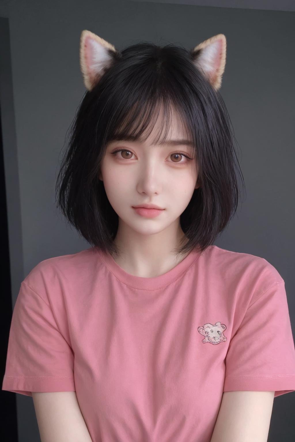 (masterpiece:1.2),best quality,high resolution,unity 8k wallpaper,(illustration:1),beautiful detailed eyes:,extremely detailed face,perfect lighting,photo_\(medium\),photorealistic,realistic,1girl, solo, animal ears, black hair, looking at viewer, shirt, cat ears, short sleeves, pink shirt, realistic, short hair, black eyes, lips, <lora:faxing_v1:0.15>