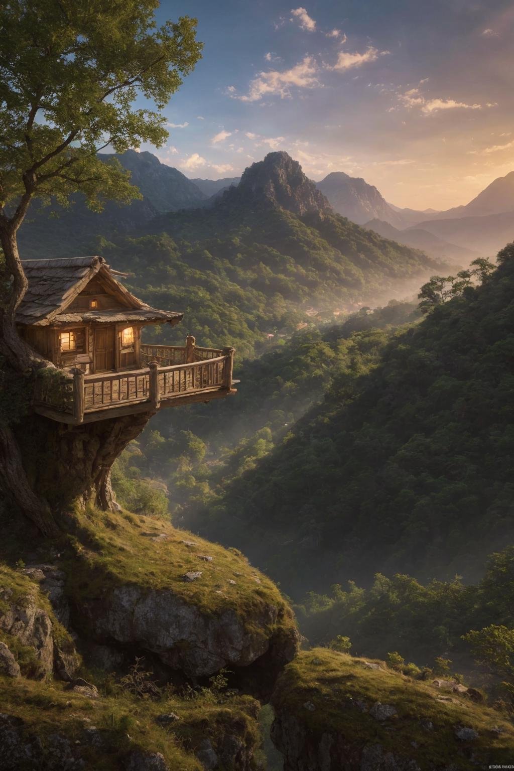 (masterpiece:1.2),best quality,high resolution,unity 8k wallpaper,(illustration:1),perfect lighting,photo_\(medium\),photorealistic,realistic,<lyco:GoodHands-beta2:1>,valley, fairytale treehouse village covered, , matte painting, highly detailed, dynamic lighting, cinematic, realism, realistic, photo real, sunset, detailed, high contrast, denoised, centered, michael whelan, 8k, detailed, hyper realistic,