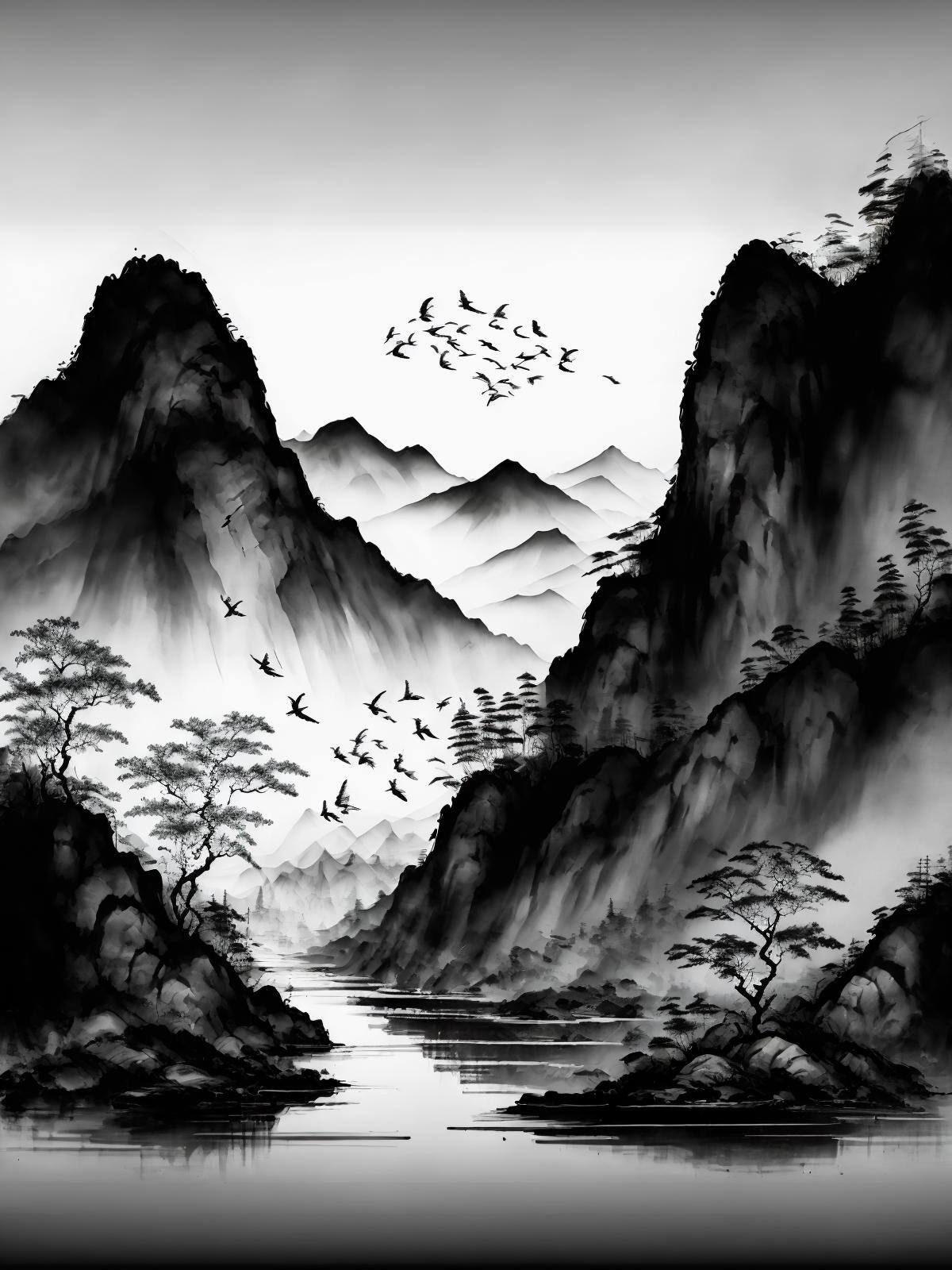 best quality, high resolution, unity 8k wallpaper, (illustration:1.0),<lora:shuimo_v1:0.9>,chinese_style,bird,sky,river,hill,monochrome, 