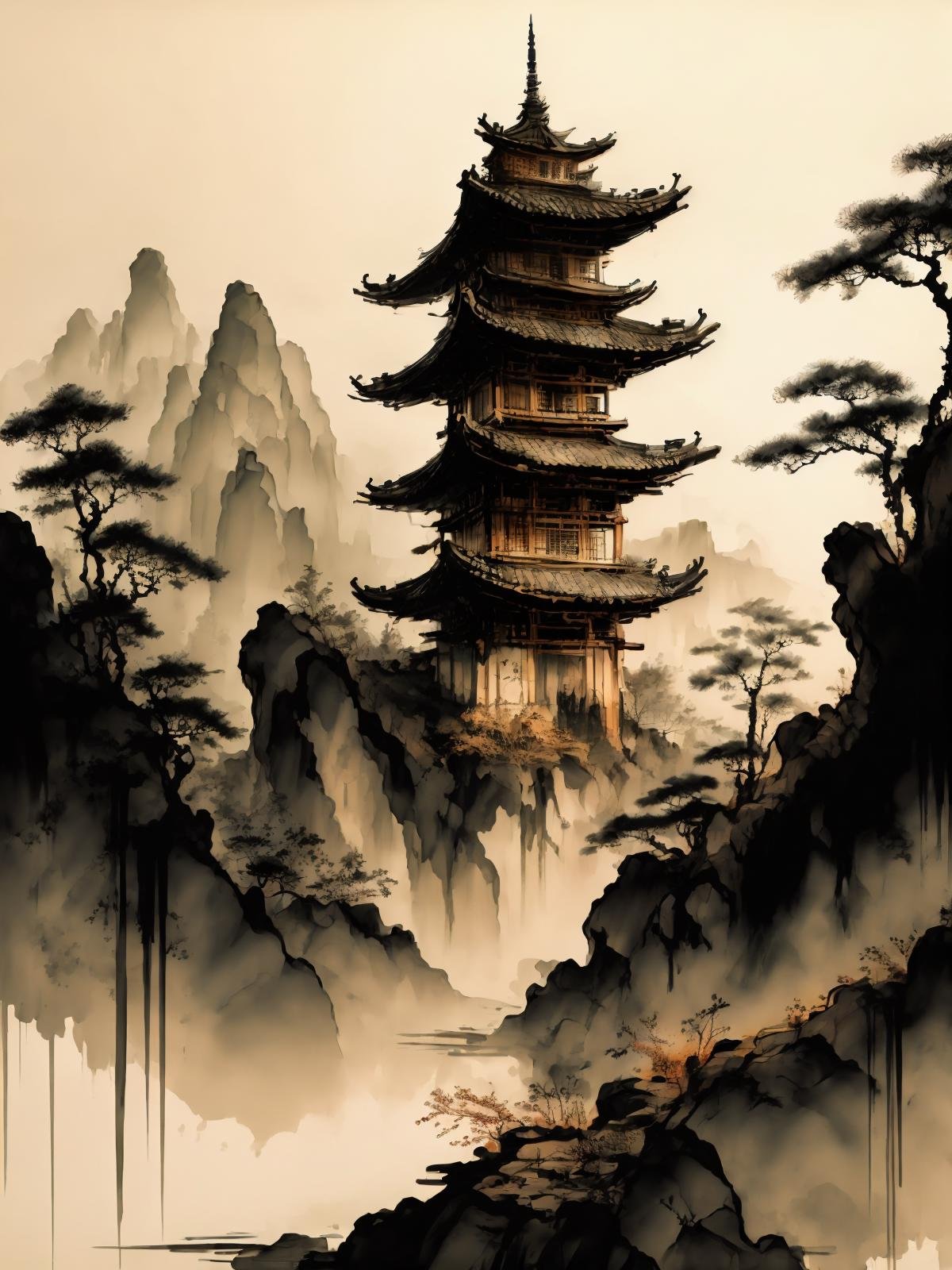 best quality, high resolution, unity 8k wallpaper, (illustration:1.0),<lora:shuimo_v1:0.9>,chinese_style,tower,sky,