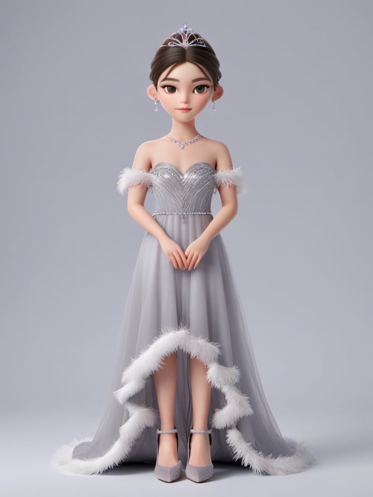 professional 3d model 1girl,upper body,grey background,solo,standing,Feather-trimmed gown, crystal chandelier earrings, designer heels,design by 瓦伦蒂诺·加拉瓦尼(Valentino Garavani),<lora:C4D-000009:0.8>, . octane render, highly detailed, volumetric, dramatic lighting