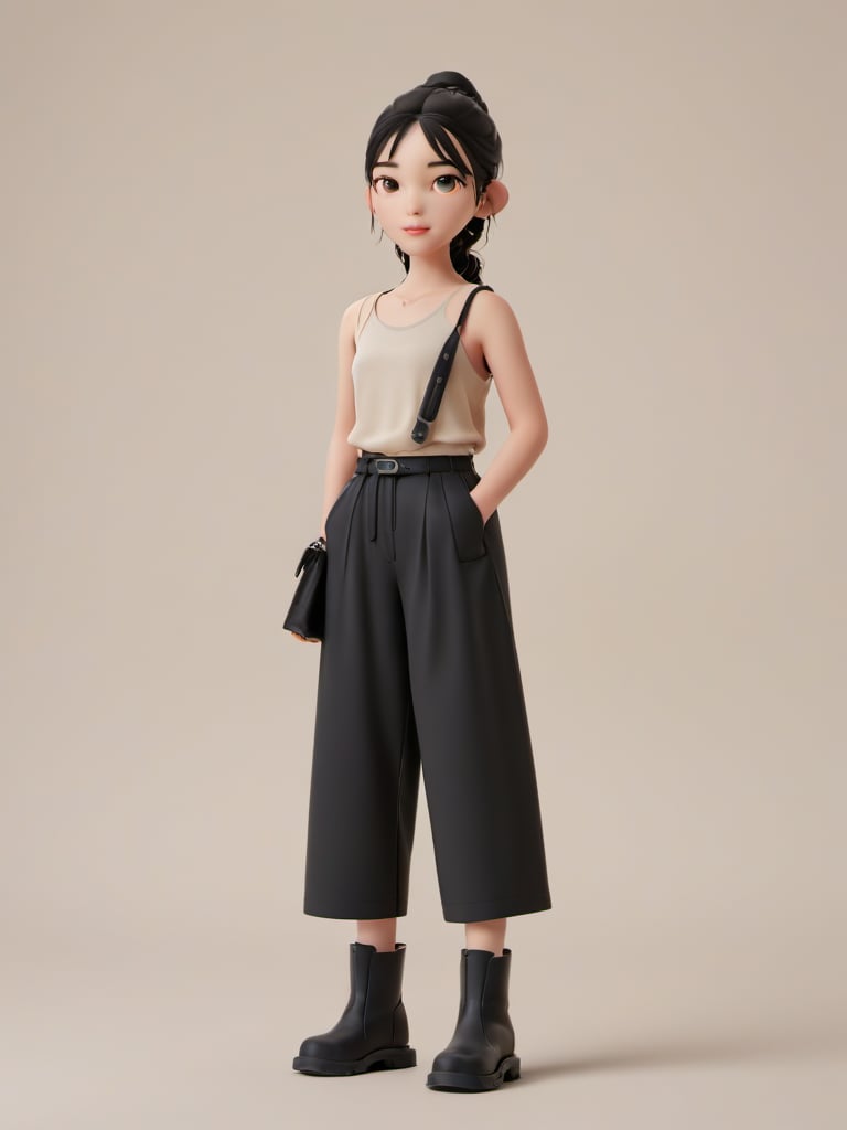 professional 3d model 1girl,grey background,full body,solo,Paperbag waist pants, tank top, and mules.,design by 山本耀司 (Yohji Yamamoto),<lora:C4D-000009:0.8>, . octane render, highly detailed, volumetric, dramatic lighting