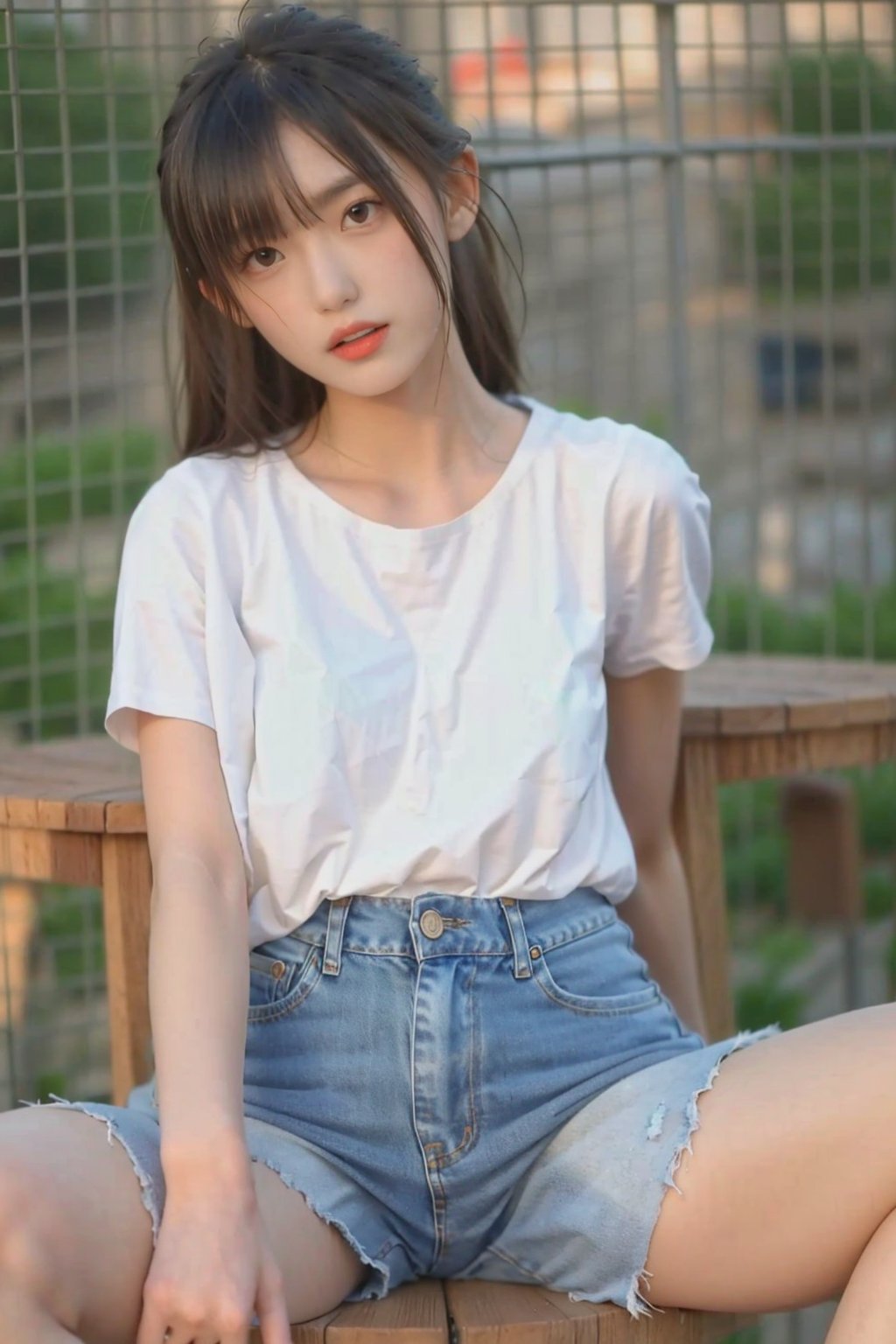 1girl, denim skirt, sitting in table, spread legs