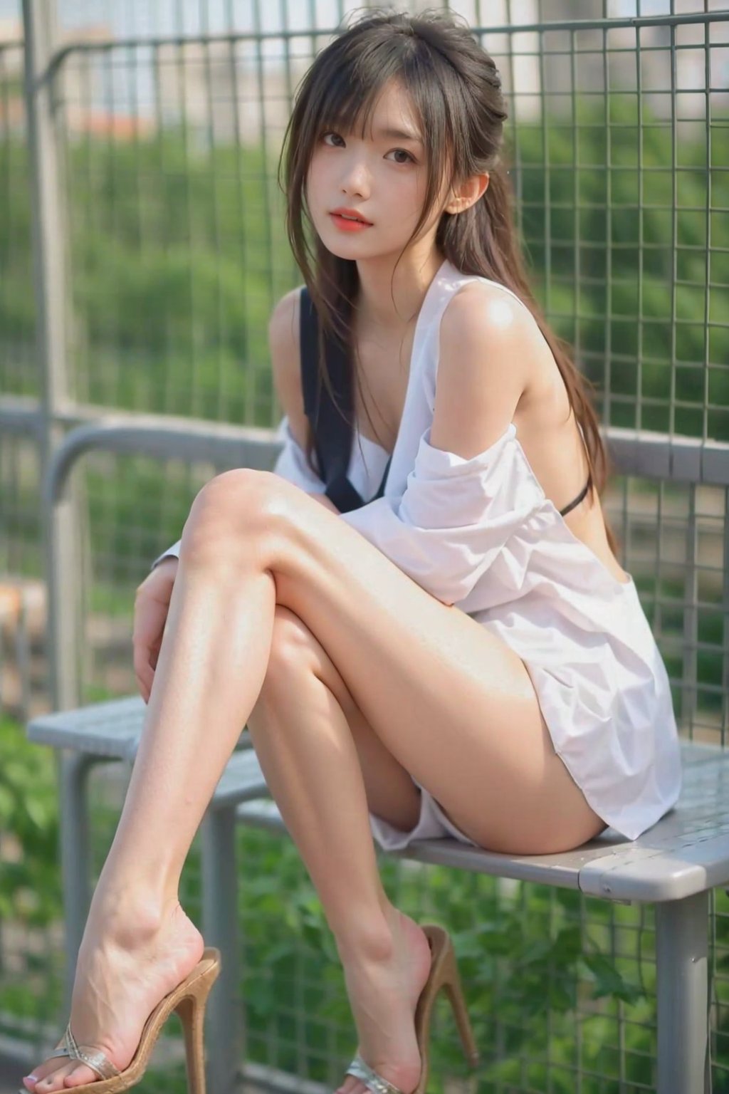 1girl, sitting in table, sexy legs