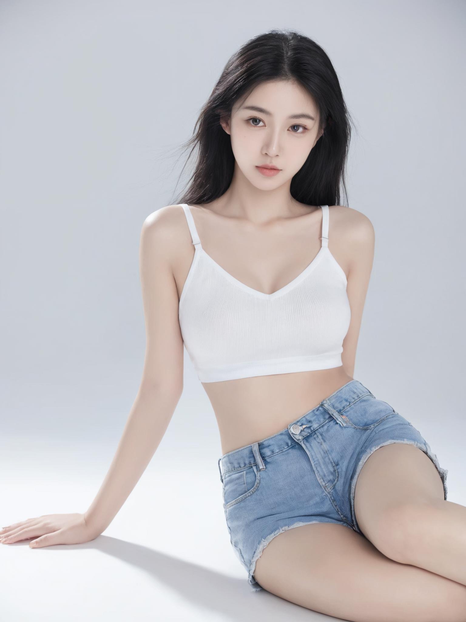 hanfeng, 1girl, solo, black hair, long hair, shorts, barefoot, sitting, denim, looking at viewer, lips, denim shorts, nail polish, breasts, camisole,simple background, bare shoulders, short shorts, closed mouth, bare legs, toenails,best quality,high resolution,photo_\(medium\),photorealistic,realistic,finely detail,extremely detailed, <lora:hanfengsheyingXL-000016:0.65>