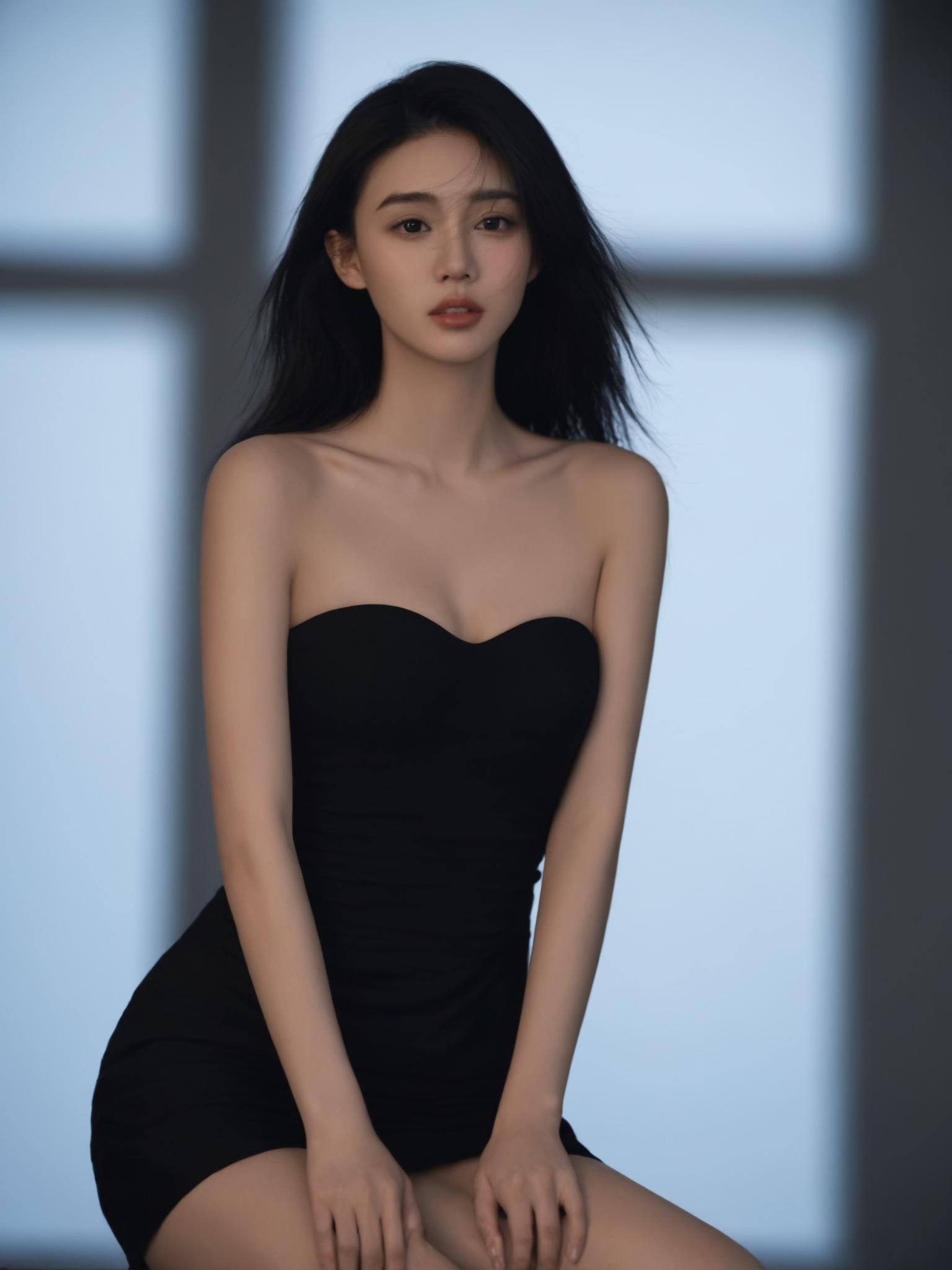 hanfeng, 1girl, solo, black hair, dress, black dress, strapless, strapless dress, bare shoulders, sitting, looking at viewer, parted lips, long hair, collarbone, blurry background, blurry, lips, window, realistic, short dress, hair between eyes, breasts,best quality,high resolution,photo_\(medium\),photorealistic,realistic,finely detail,extremely detailed, <lora:hanfengsheyingXL-000016:0.65>