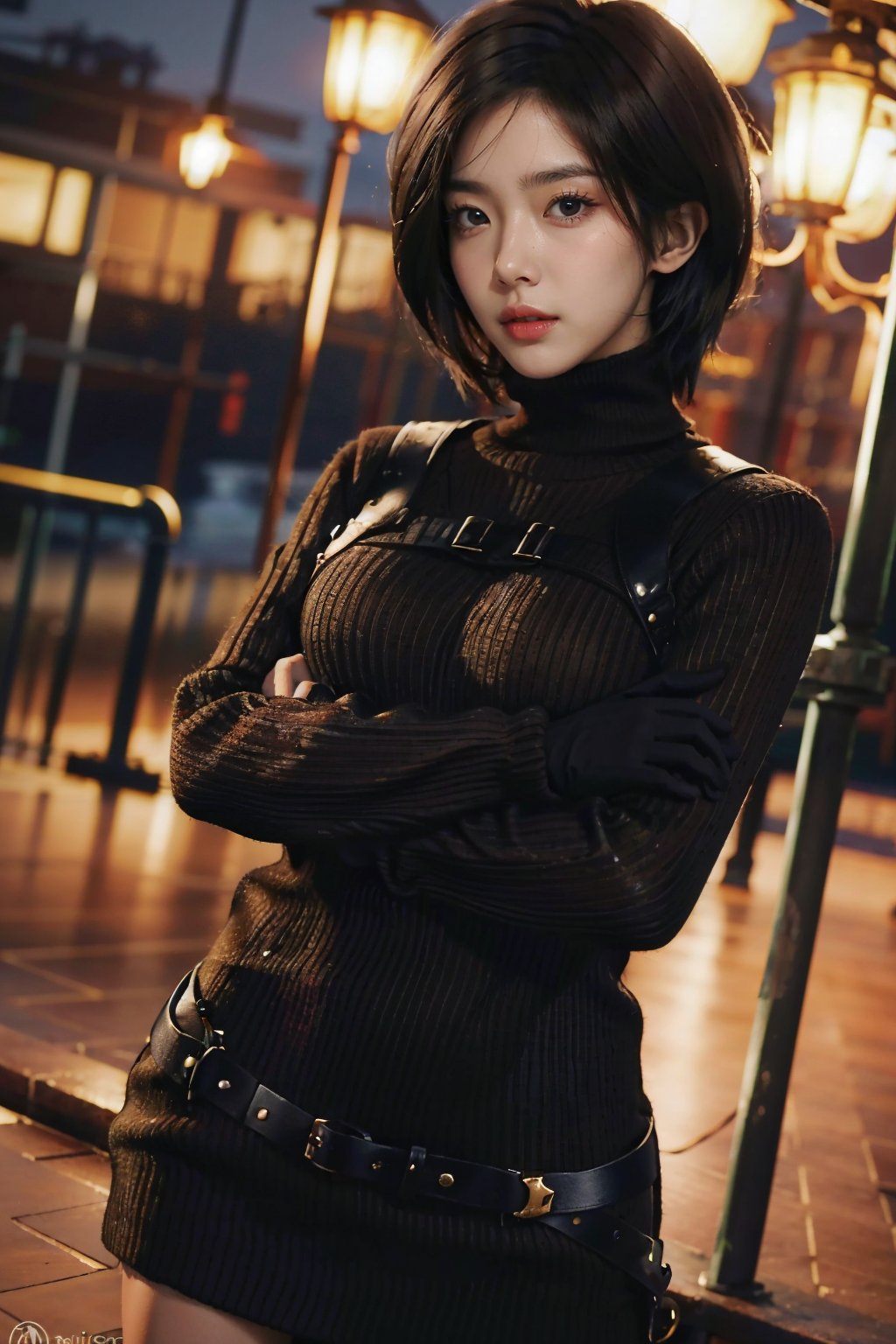 AdaWongRE,  1girl, solo, (slender:1.4), looking at viewer, short hair, black hair, gloves, brown eyes, multicolored hair, belt, two-tone hair, sweater dress, lips, bodysuit, makeup, (crossed arms:1.2), lipstick, ribbed sweater, realistic