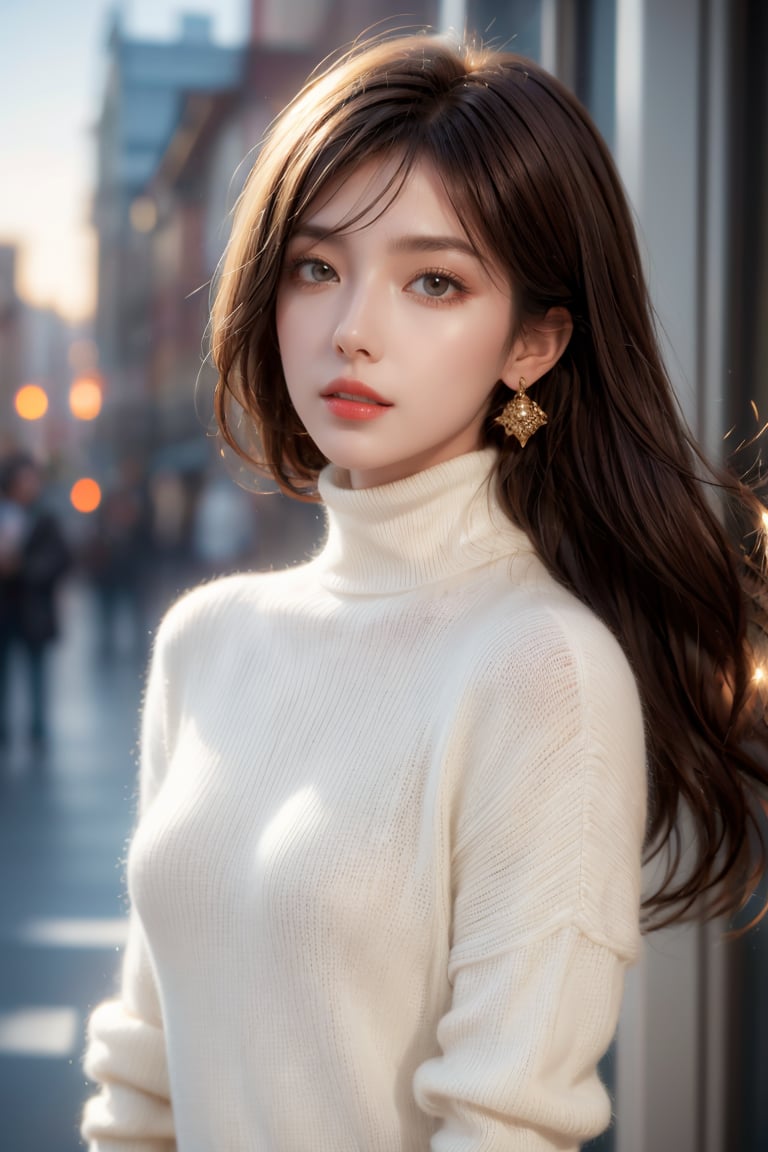 masterpiece, high-quality realistic photo, weraring a winter dress ,high resolution photo, high-quality, 8K, natural and soft lighting, high contrast, sharp-focus, upper-body, (detailed face:1.1), in the city,
beautiful-european-1girl, fair smooth skin, gold long hair, hair blowing in the wind, dull bangs, red lips, medium breasts, small earing,                                                                                    
(white turtleneck sweater, jeans),Realism