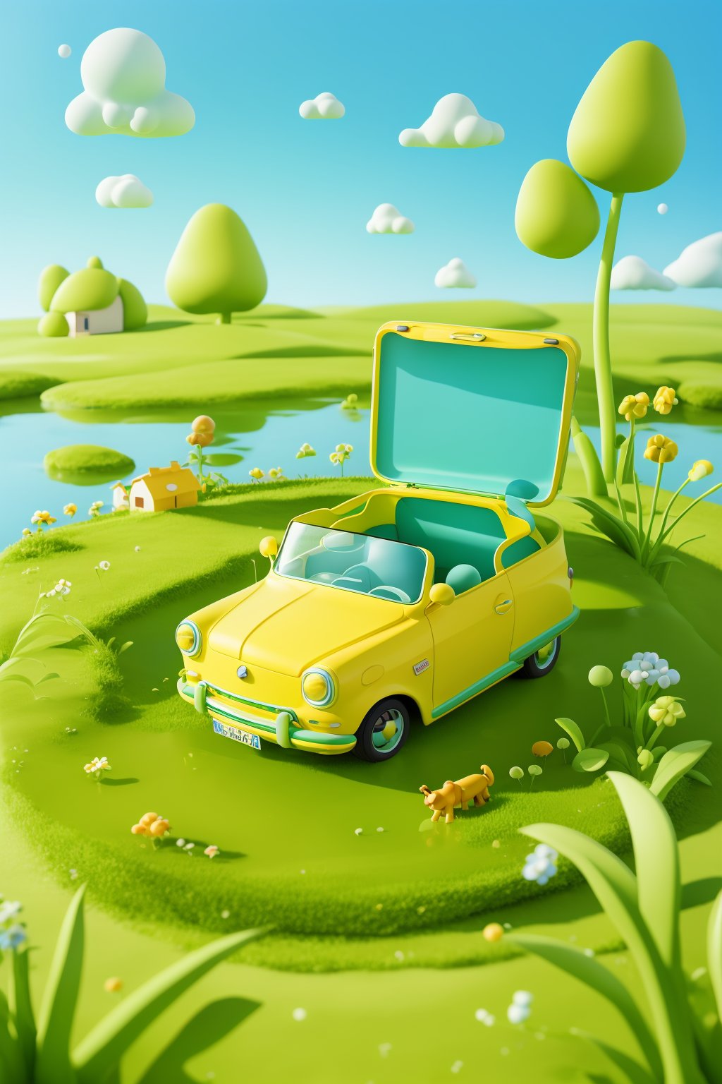 masterpiece,best quality,bubbles,a dreamy scene,cartoon car,grass,small house,cartoon,