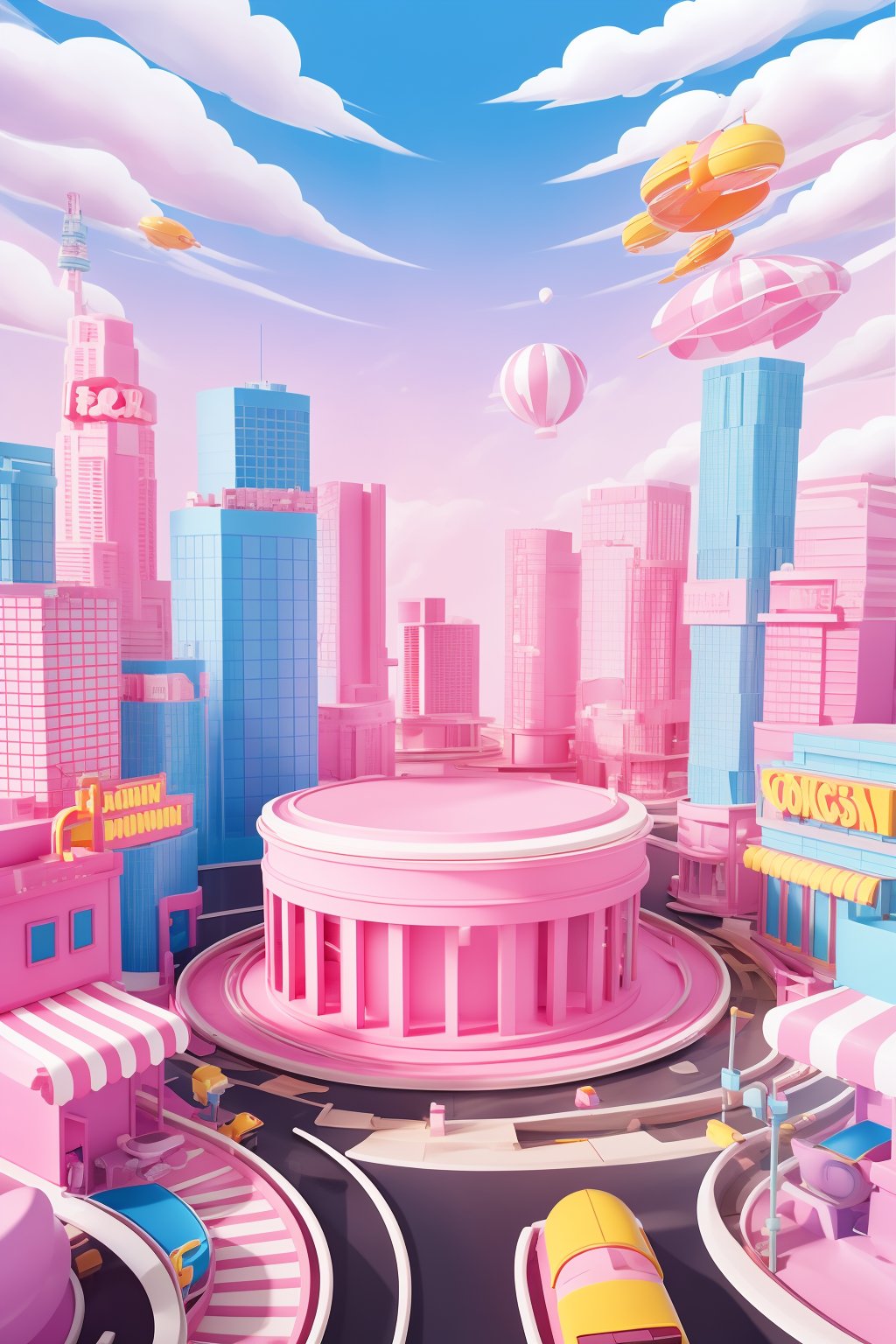 building,circular,powder,city background,pink,cartoon,