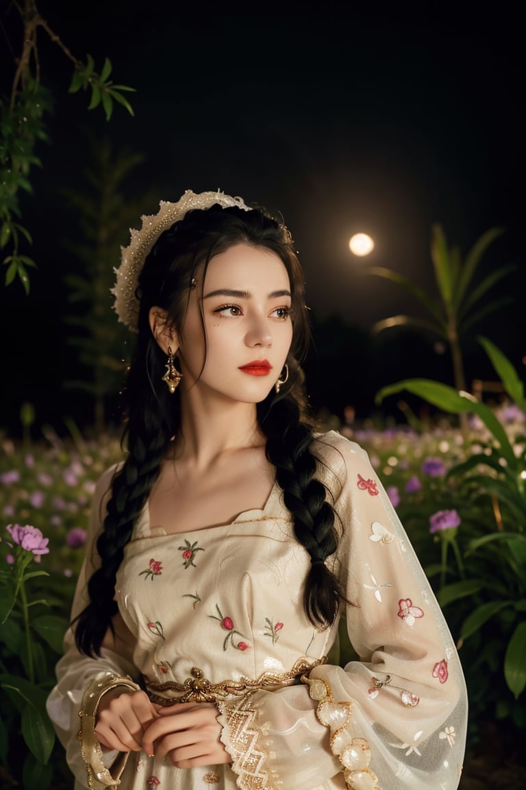 best quality,4k,highres,masterpiece:1.2,ultra-detailed,realistic:1.37,wandering girl portrait,determined face,red lips,beautiful detailed eyes,black hair braided to the side,period clothes,cowboy hat,blood moon in the background,portrait,emerging from darkness,vibrant colors,lush garden,soft sunlight,whimsical atmosphere,wildflowers in bloom,delicate lace details,flowing dress,gentle breeze,mystical aura,ethereal beauty,focused expression,confident stance,starlit night sky,moonlight illuminating the scene,enchanted landscape,peaceful tranquility,majestic and awe-inspiring,serene and mysterious,magic and fantasy,alluring and captivating,unforgettable charm,noteworthy and exceptional,thought-provoking and evocative,one of a kind masterpiece,dynamic and lifelike,subtle and nuanced,immaculate attention to detail,unparalleled craftsmanship,seamless blending of elements,impressive skill and technique、meticulous and precise,storytelling through art,visual poetry that sparks imagination,dilraba