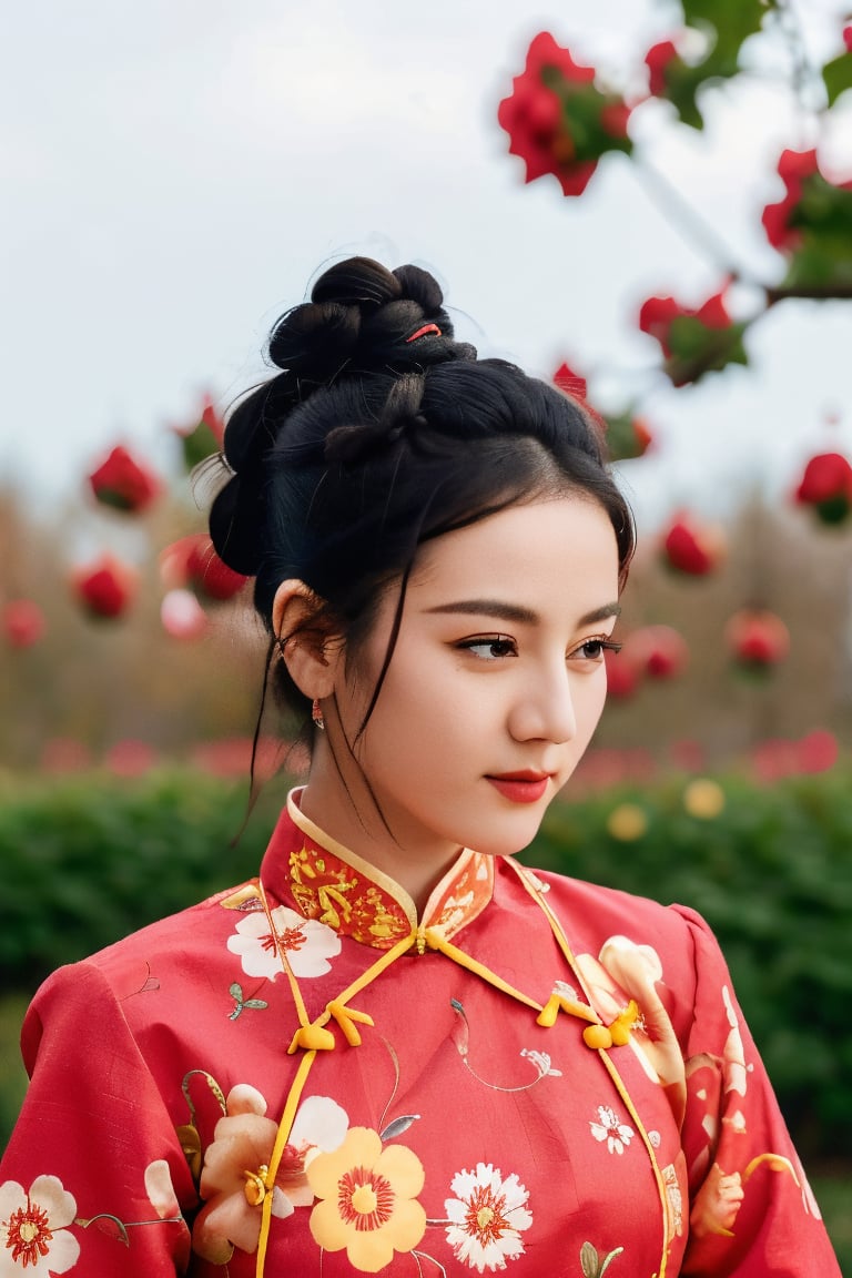 1girl, wearing a Chinese dress, flower garden background, hair in pigtails, hair tied back together,  slanted eyes,cwkcntk,dilraba,dilraba ,cwkchinese