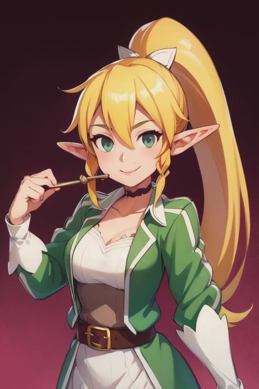  Leafa, smile, ponytail, pointed ears, elf_ears, (seductive, alluring, charming:1.3), beautiful, (highly detailed, high quality:1.3)