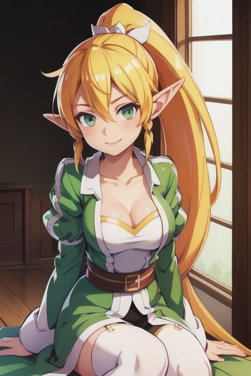  Leafa, smile, ponytail, pointed ears, elf_ears, (seductive, alluring, charming:1.3), beautiful, (highly detailed, high quality:1.3)