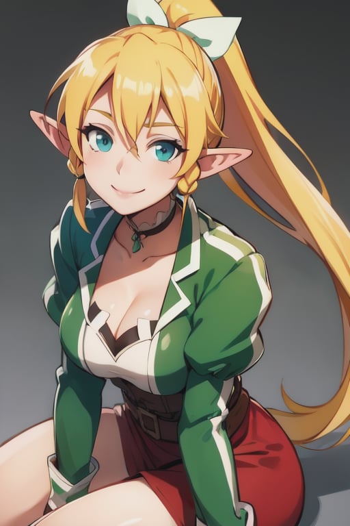  Leafa, smile, ponytail, pointed ears, elf_ears, (seductive, alluring, charming:1.3), large breasts, beautiful, (highly detailed, high quality:1.3), sitting
