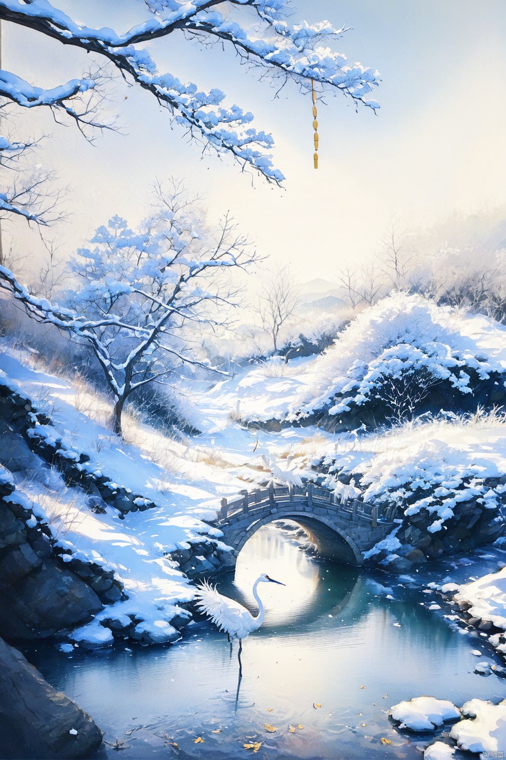 Simple background, perfect lighting, aesthetic concept, natural wonders, white theme, watercolor painting, wooden bridge, creek, White Crane Snow landscape