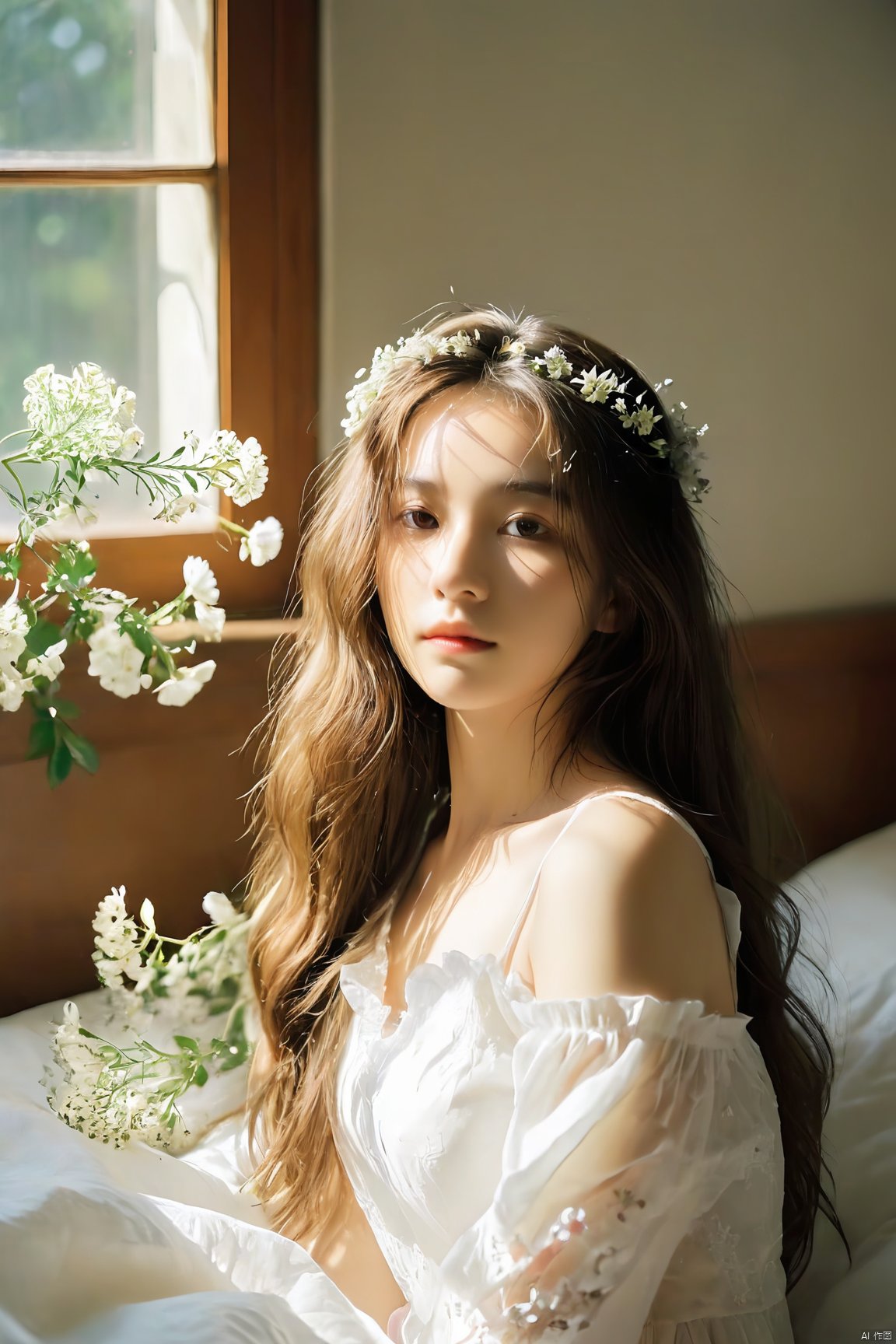 xxmixgirl,white dress,long hair,a girl,lie in bed,sunlight shining on hair,the window is covered in flowers,outside the window is nature,facing the camera,there are flowers on the hair,