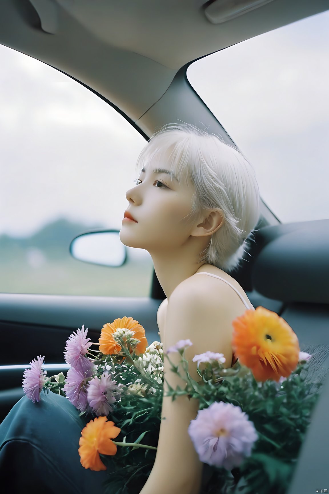  A young girl with white hair sitting in car filled with flowers,art by Rinko Kawauchi,in the styleof naturalistic poses,vacation dadcore,youth fulenergy,a coolexpression,body extensions,flowers in the sky,analog film,super detail,dreamy lofiphotography,(colourful),covered in flowers anovines,(Inside view:1.5),shot on fuiifilm XT4,Inside car,(red|yellow|orange|purple|blue flower),a large number of flowers grow inside the car,a scene full of illusions,perspective taken from the interior of a car,the girl leaned lazily in the car,white hair,