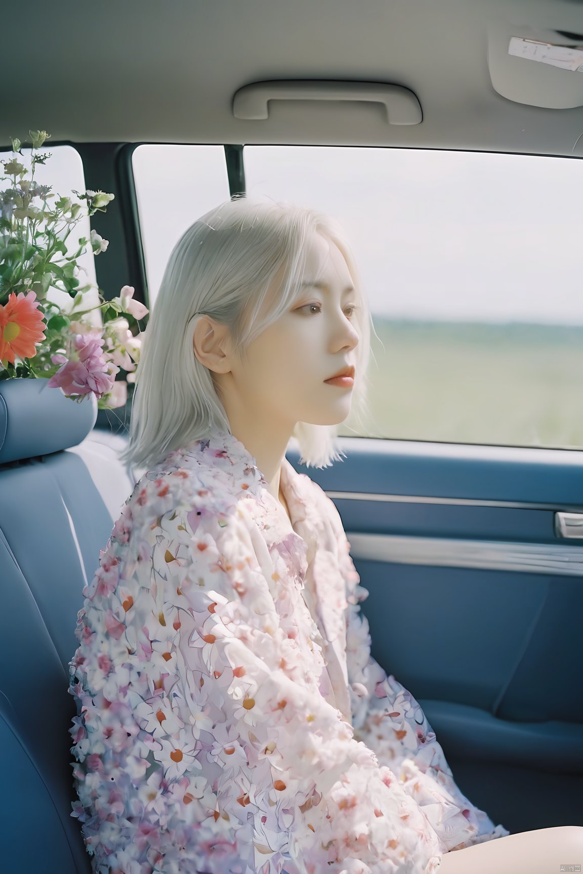  A young girl with white hair sitting in car filled with flowers,art by Rinko Kawauchi,in the styleof naturalistic poses,vacation dadcore,youth fulenergy,a coolexpression,body extensions,flowers in the sky,analog film,super detail,dreamy lofiphotography,(colourful),covered in flowers anovines,(Inside view:1.5),shot on fuiifilm XT4,Inside car,(red|yellow|orange|purple|blue flower),a large number of flowers grow inside the car,a scene full of illusions,perspective taken from the interior of a car,the girl leaned lazily in the car,white hair,