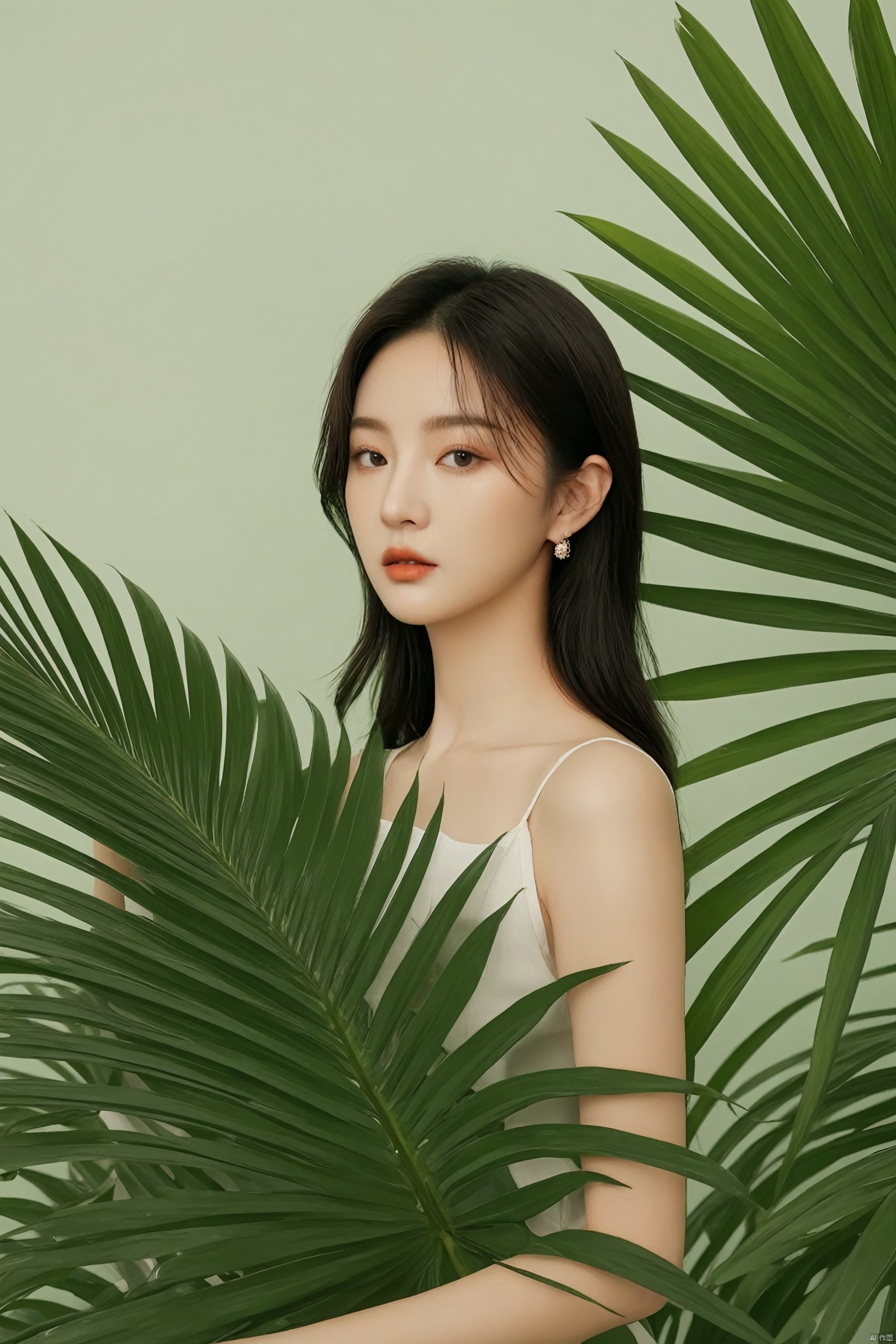  a woman standing in front of a palm leaf, a picture, inspired by Li Fangying, jinyoung shin aesthetic, editorial footage, avatar image, lovely delicate face, beauty retouch, very very very realistic,upper_body, 1girl