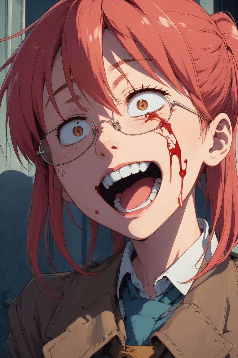 Crazy face, crazy laugh, crazy eyes, strong shadows, detailed face,kobayashi, glasses, blood on face