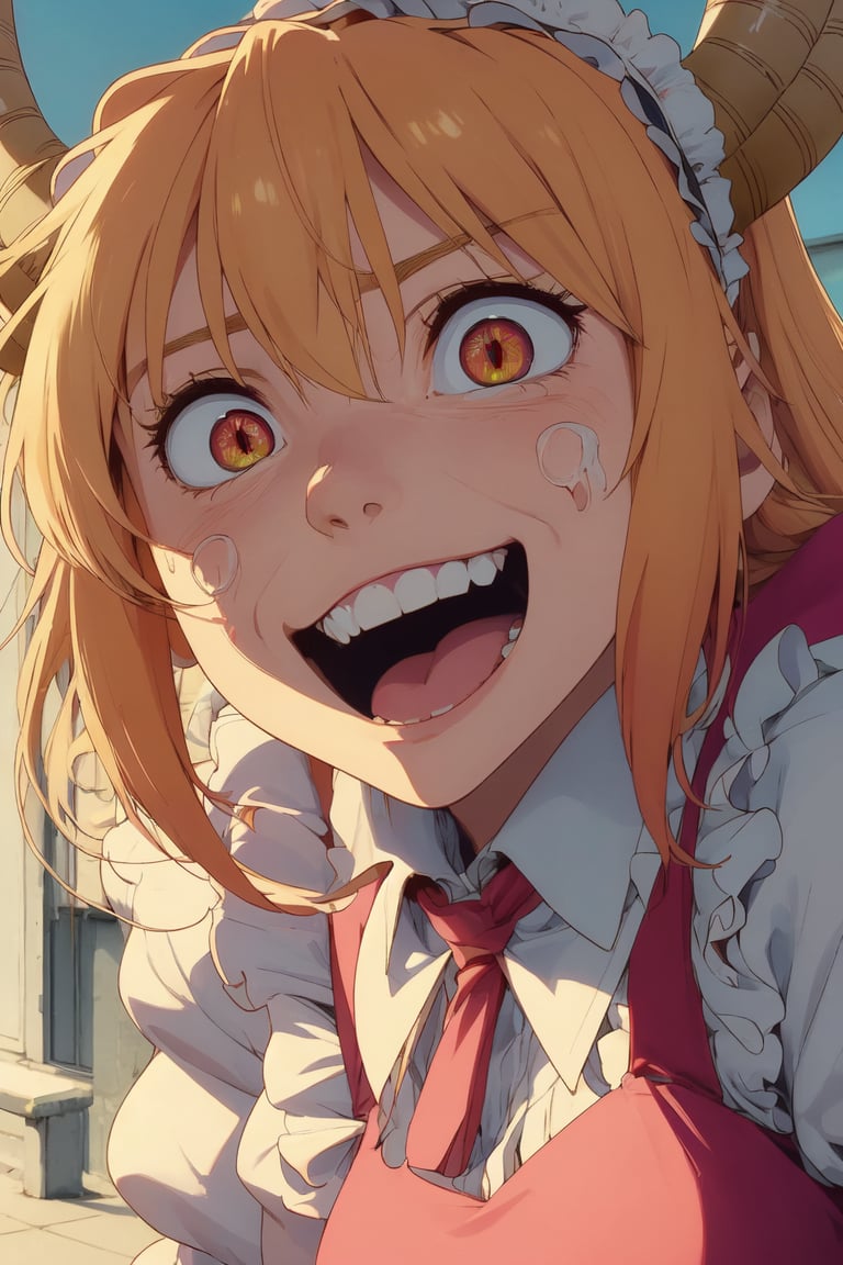 Crazy face, crazy laugh, crazy eyes, strong shadows, detailed face,tohru, blonde hair, horns, Maid dress