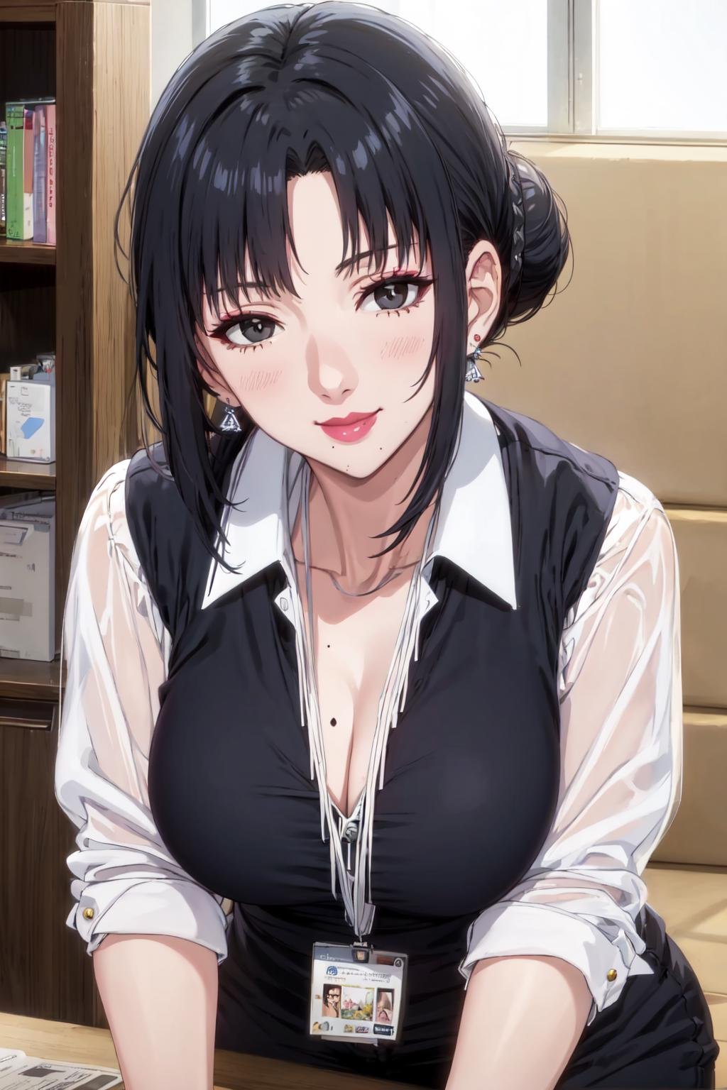 best quality, masterpiece, <lora:My Mother:1> , mother1, black hair, single hair bun,  black eyes, earrings, jewelry, makeup, mole under mouth, mature female,  large breasts, looking at viewer, office lady, uniform, indoors, light smile