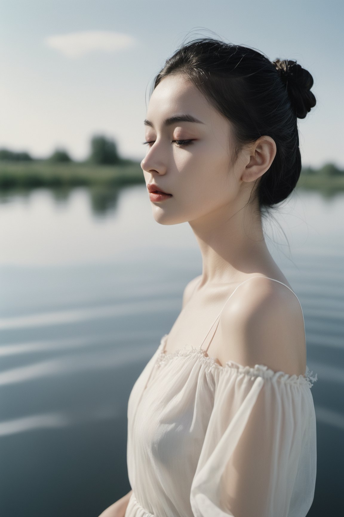 analog film photo A black-haired girl, wearing a white dress, with a single hair bun adorned with a hairpin, her eyes closed, standing alone on the water surface, reflecting her image. She is a fair-skinned female, revealing her collarbone and bare shoulders as she faces the viewer, against a light gray background in a minimalist style. . faded film, desaturated, 35mm photo, grainy, vignette, vintage, Kodachrome, Lomography, stained, highly detailed, found footage
