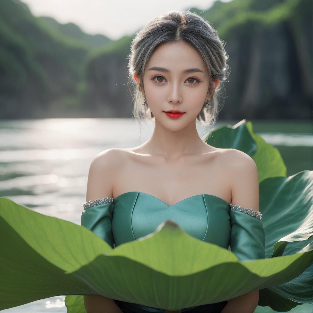 Best Quality, Masterpiece, Ultra High Resolution, (Realisticity:1.4), photorealistic, extreme detailed, Original Photo, 1girl, portrait, (fullbody), elf, silver hair, solo, (dynamic posture:1.4), mini_skirt, (dark sea green tone:1.2), giant lotus leaf, dress, looking at the audiences, long sleeves, red lips, smile, 50mm, F0.8, 8K raw, depth of field