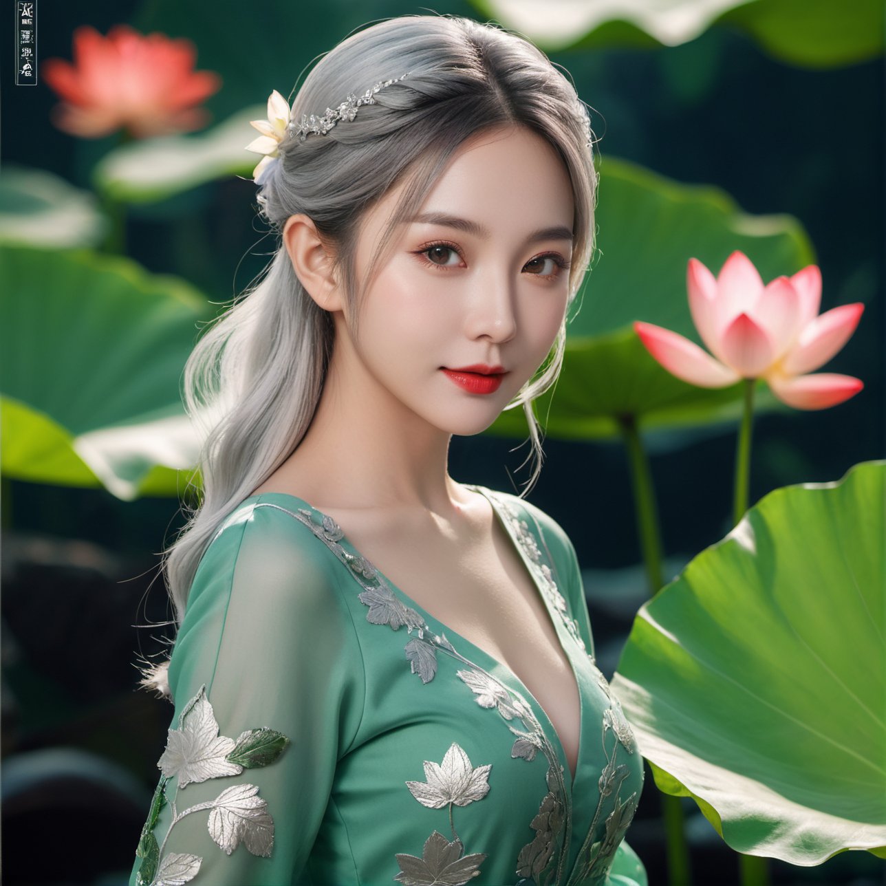 Best Quality, Masterpiece, Ultra High Resolution, (Realisticity:1.4), photorealistic, extreme detailed, Original Photo, 1girl, portrait, (fullbody), elf, silver hair, solo, (dynamic posture:1.4), ao dai, (dark sea green tone:1.2), giant lotus leaf, dress, looking at the audiences, long sleeves, red lips, smile, 50mm, F0.8, 8K raw, depth of field