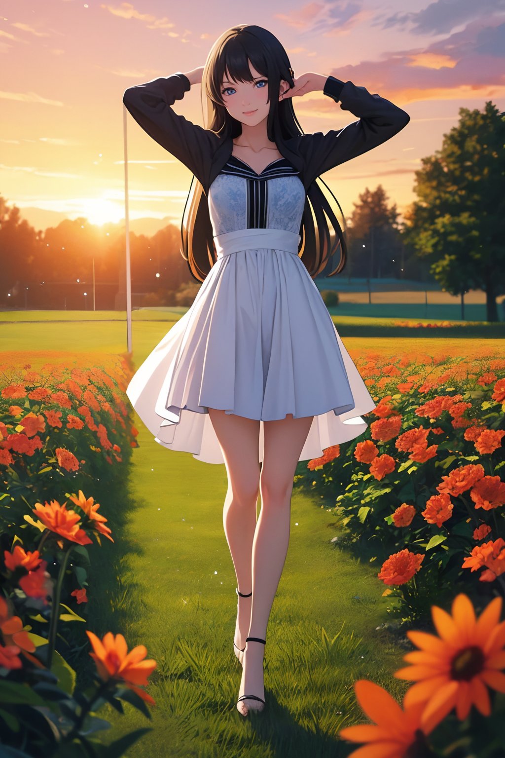 (photorealistic:1.4),(Realistic:1.2),(ultra high res, raw photo:1.4),(hdr, hyperdetailed:1.2),(8K:1.2),cinematic photo 1girl,(black long straight hair:1.2),standing,(full body:1.2),dress,(stretch legs:1.2),walking in a field of wildflowers at sunset Anime-style portrait of a teenage girl with sparkling blue eyes and a gentle smile,<lora:Again_LongLegs_v1:0>,