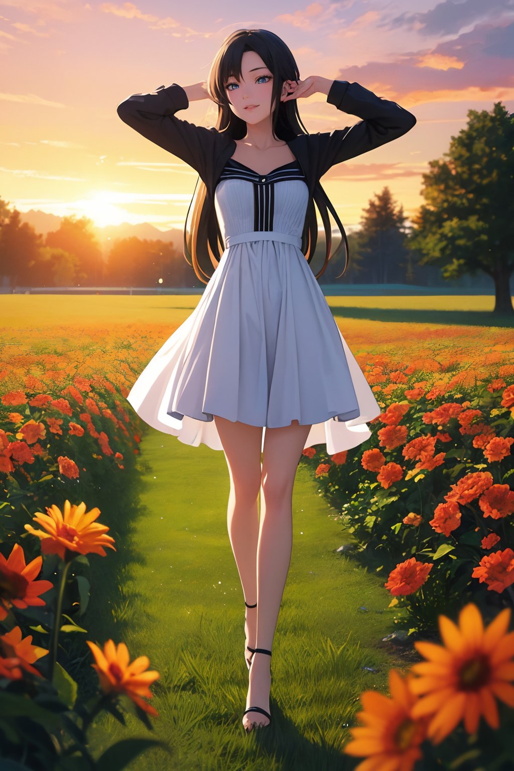 (photorealistic:1.4),(Realistic:1.2),(ultra high res, raw photo:1.4),(hdr, hyperdetailed:1.2),(8K:1.2),cinematic photo 1girl,(black long straight hair:1.2),standing,(full body:1.2),dress,(stretch legs:1.2),walking in a field of wildflowers at sunset Anime-style portrait of a teenage girl with sparkling blue eyes and a gentle smile,<lora:Again_LongLegs_v1:1>,