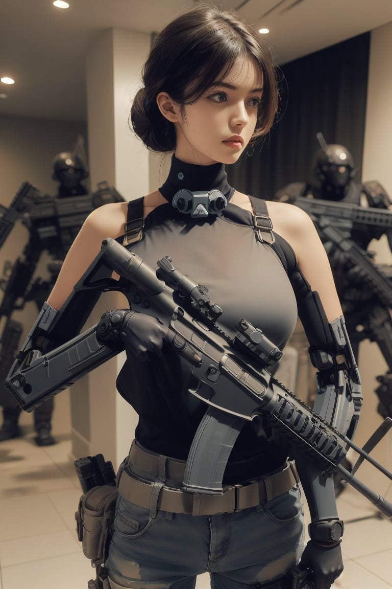 1girl, solo_female,Assault rifle, holding a assault rifle photorealistic, mecha body, 