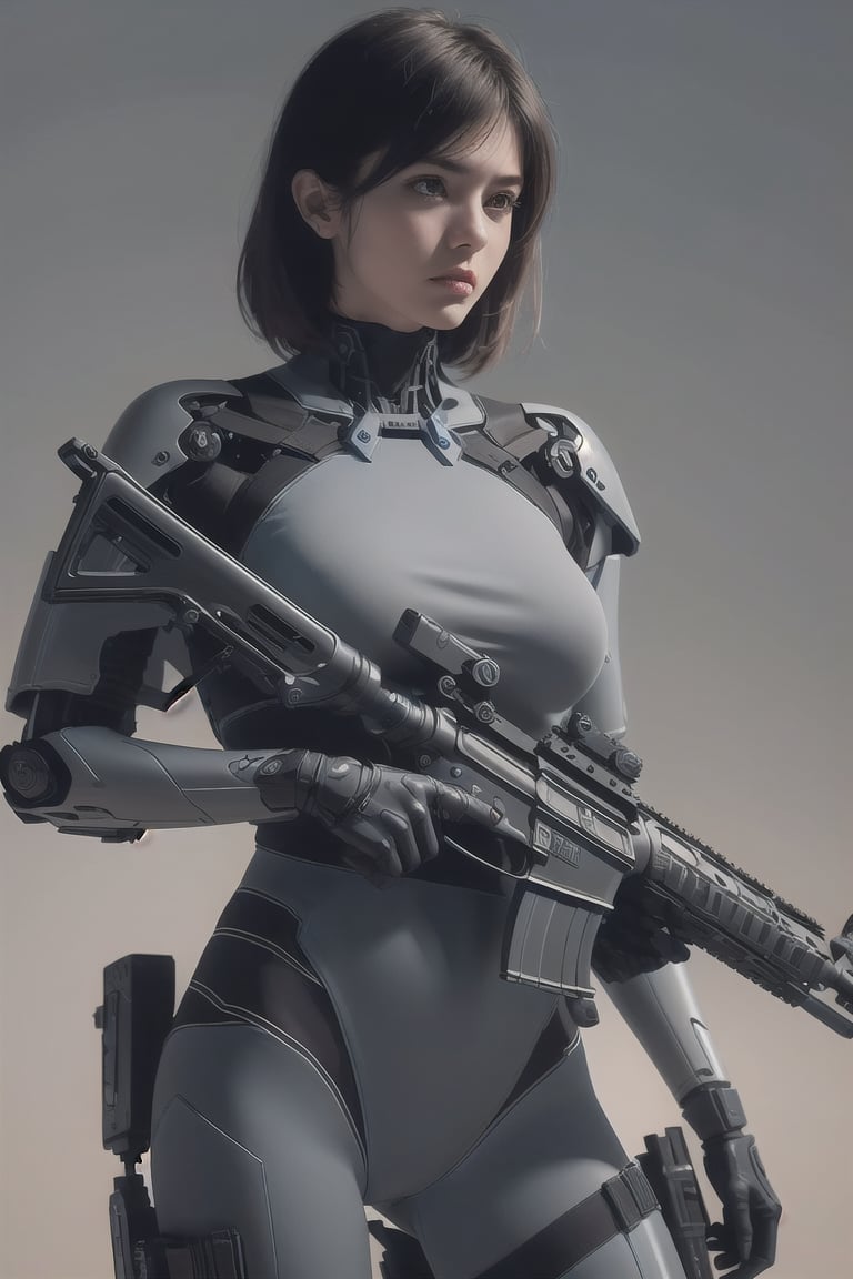 1girl, solo_female,Assault rifle, photorealistic, mecha body, 