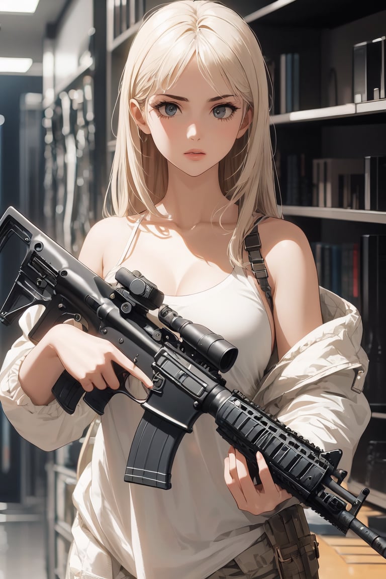 Holding an assault rifle, 1girl, solo_female,Assault rifle, 