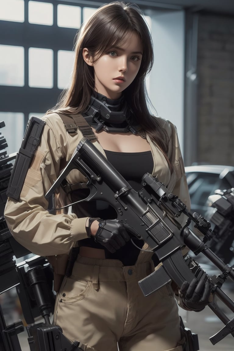 1girl, solo_female,Assault rifle, holding a assault rifle photorealistic, mecha body, 